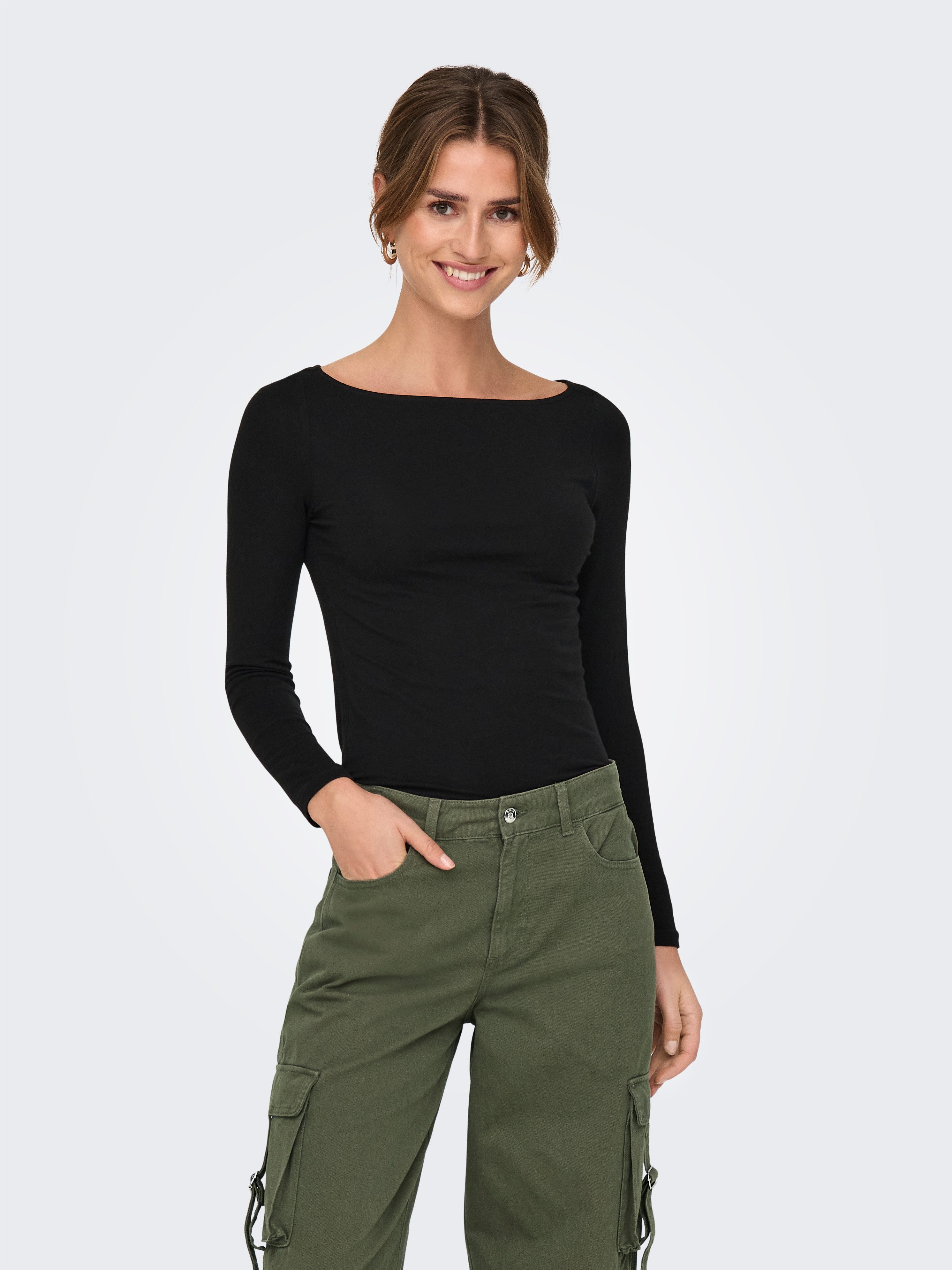 Only Shirt met lange mouwen ONLLIVE LOVE LIFE LS BOATNECK JRS NOOS dames longsleeves maat S (36) zwart
