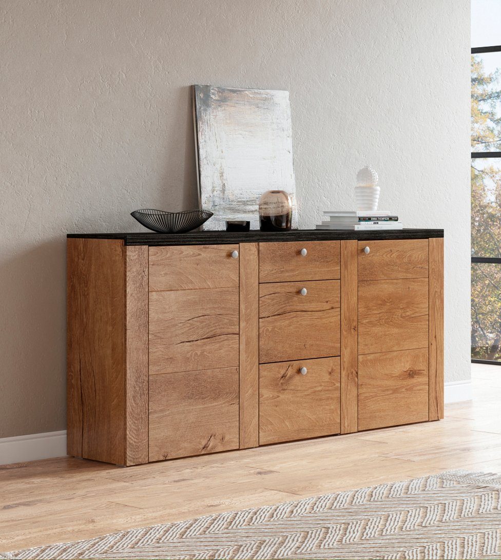 Home affaire Dressoir Larona, tijdloze commode met 2 deuren, 3 lades, deurkast, Hoogte 84 cm, veel opbergruimte, dressoir met decoratieve lijstlook
