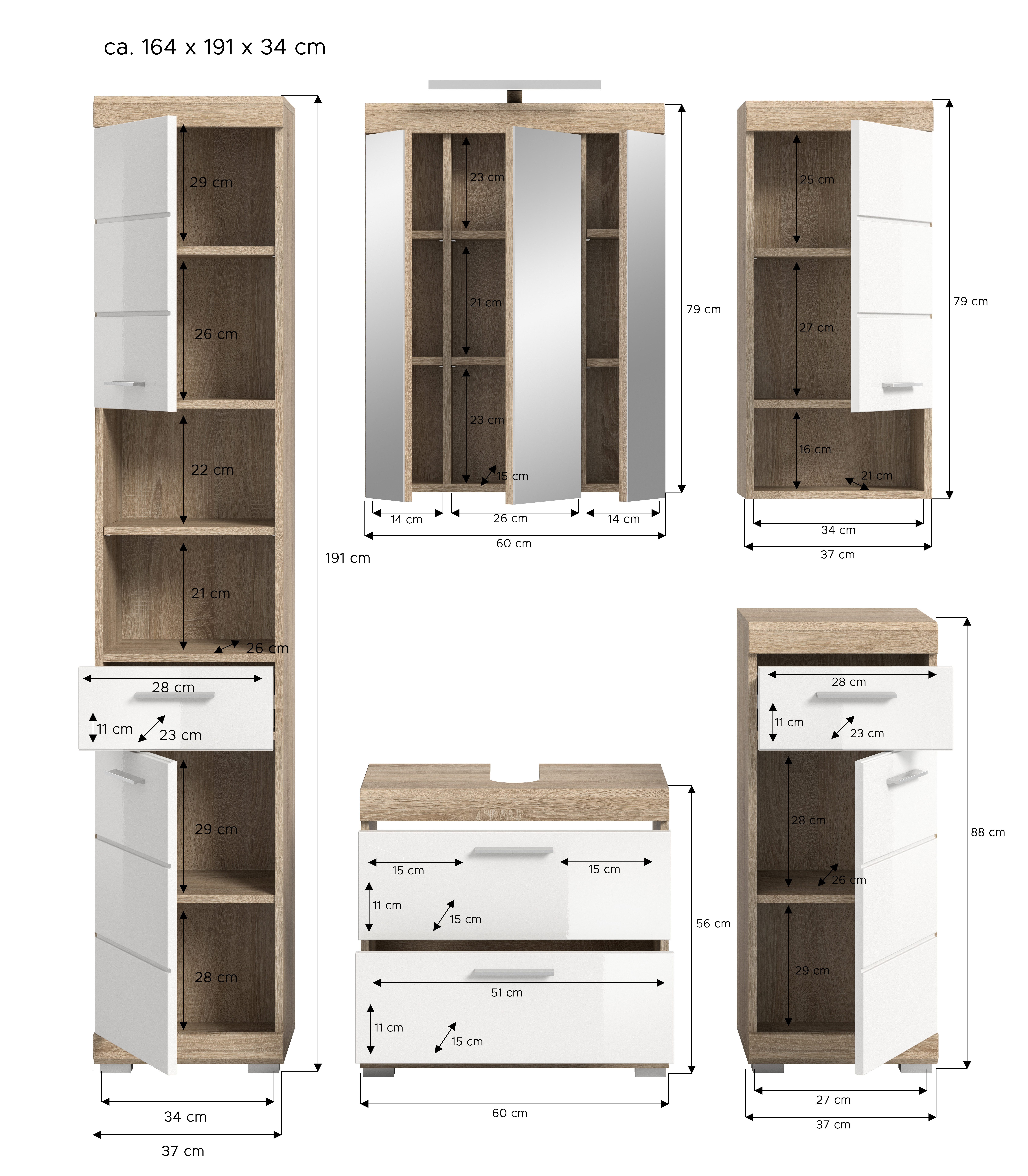 INOSIGN Badkamerserie Siena, 5-delig, inclusief LED-verlichting, bestaande uit: (set, 5-delig)
