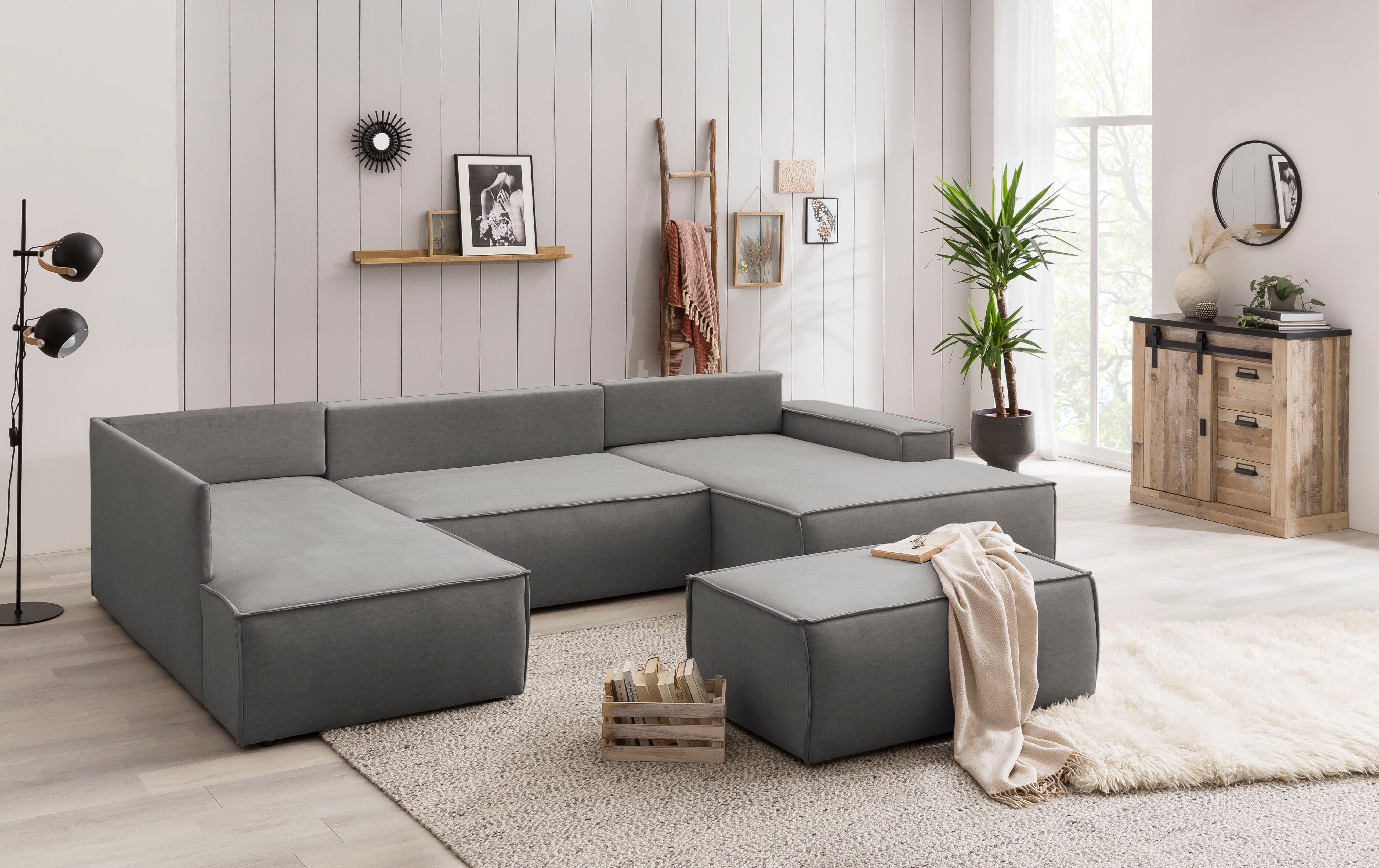 Home affaire Zithoek SHERWOOD 329 cm, U-vorm, slaapbank, Slaapfunctie met bedkist (194x139 cm), cord, vintage, fluweel