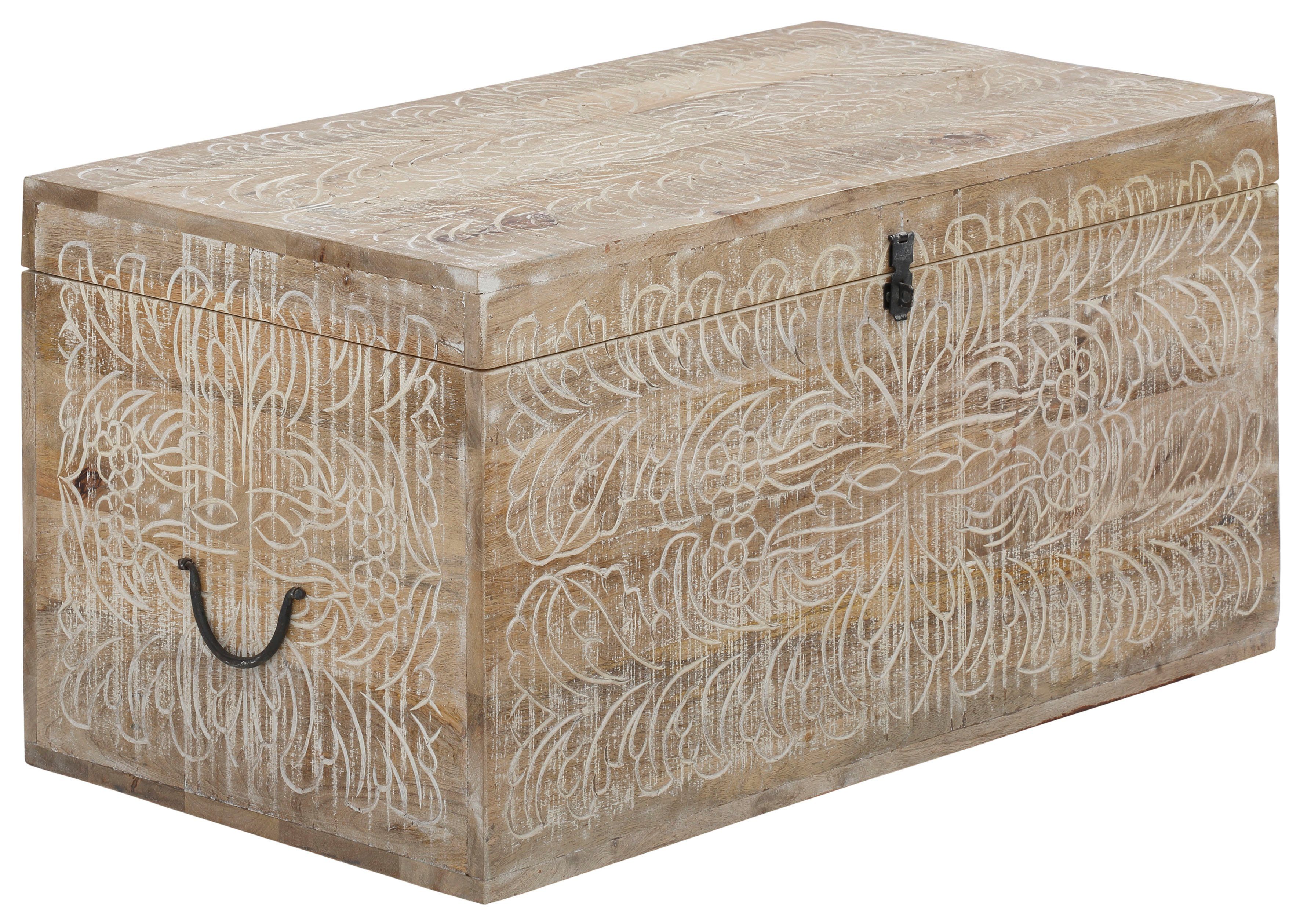 Home affaire Kisttafel Lavin Mangohout, met decoratief houtsnijwerk, met de hand gemaakt, breedte 90 cm