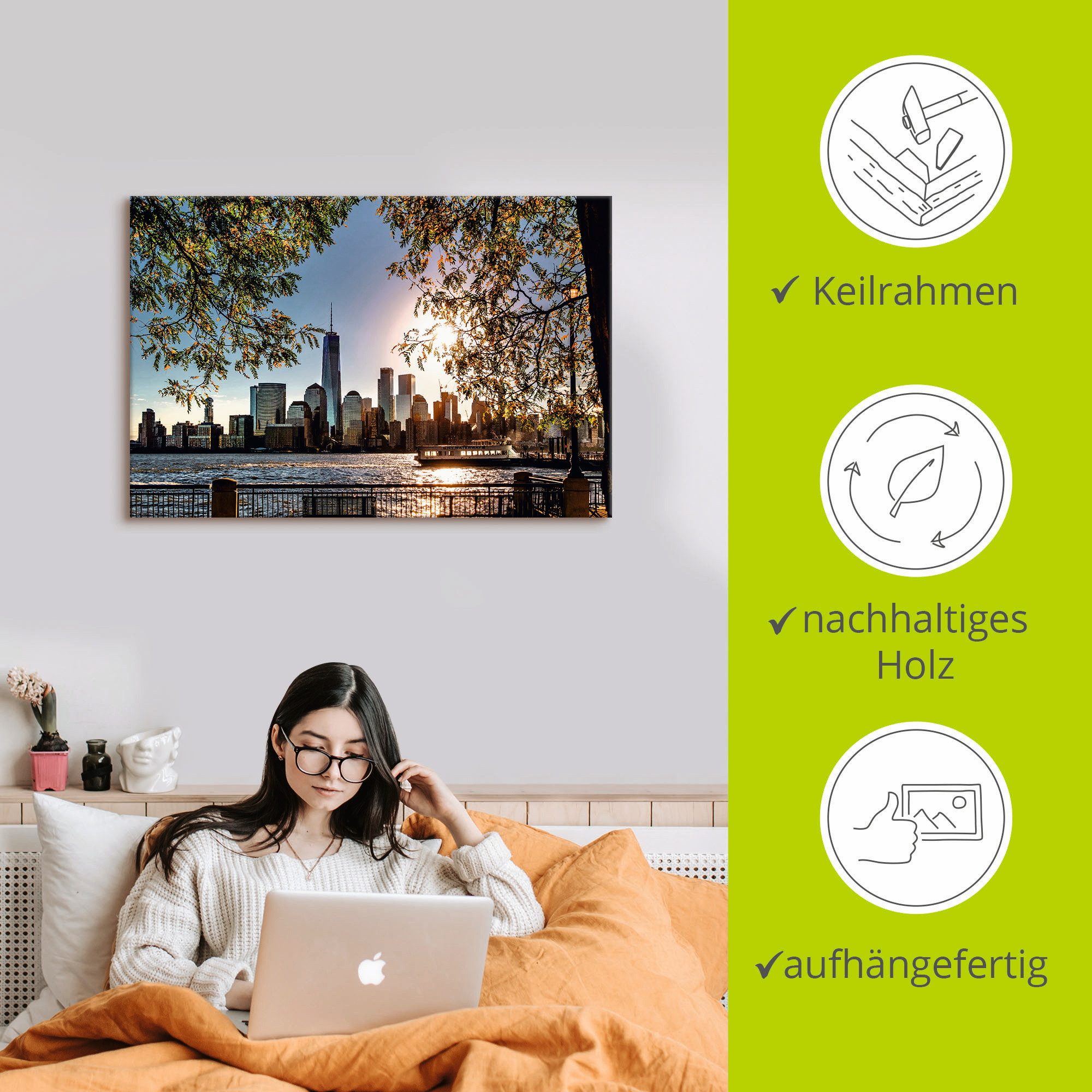 Artland Artprint Zonsopkomst boven New York als artprint van aluminium, artprint voor buiten, artprint op linnen, poster, muursticker