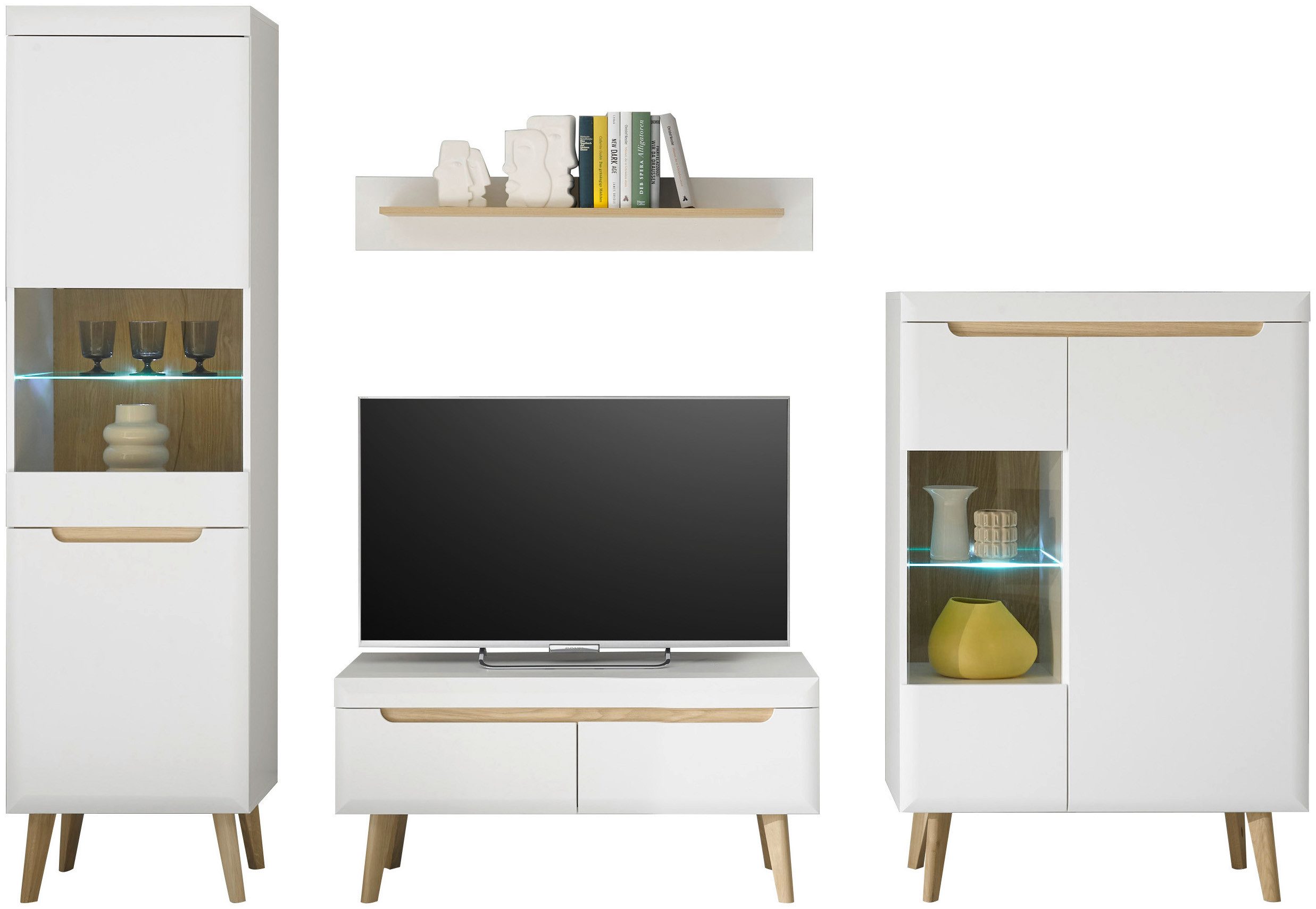 INOSIGN Wandmeubel Torge, wandmeubel, kastwand, mediawand, woonkamer-set bevat 2 vitrines, 1 lowboard + 1 wandplank, 290 cm breed (set, 4-delig)