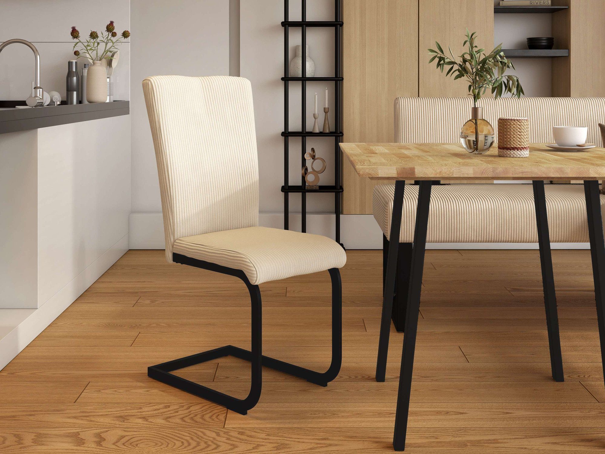 Home affaire Eethoek Oliver Hoekbank met golfvering in de zitting, tafel massief eiken (set, 4-delig) eethoeken maat 200 cm x 89 cm x 160 cm wit