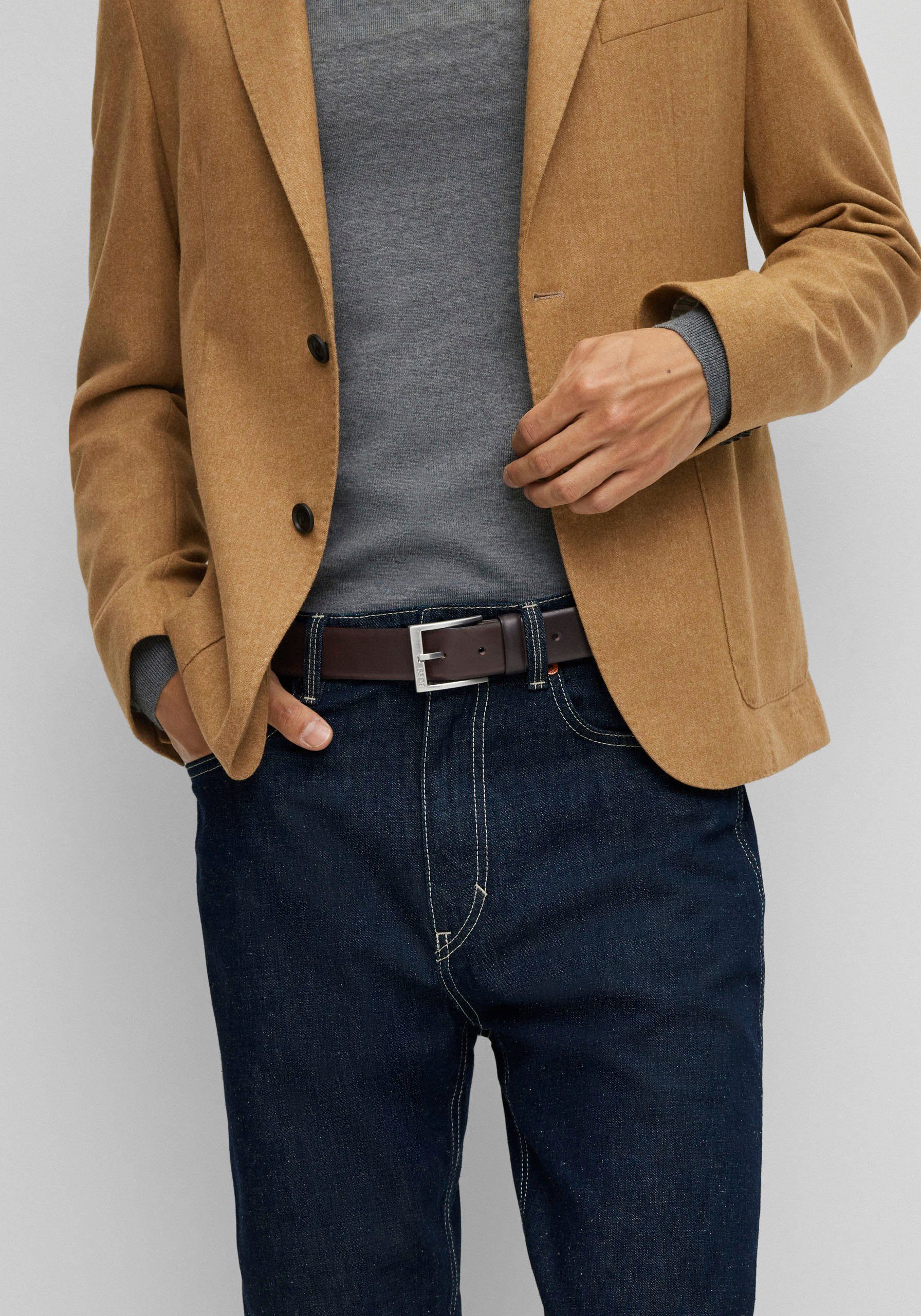 Boss Leren riem met vierkante sluiting en gegraveerd logo