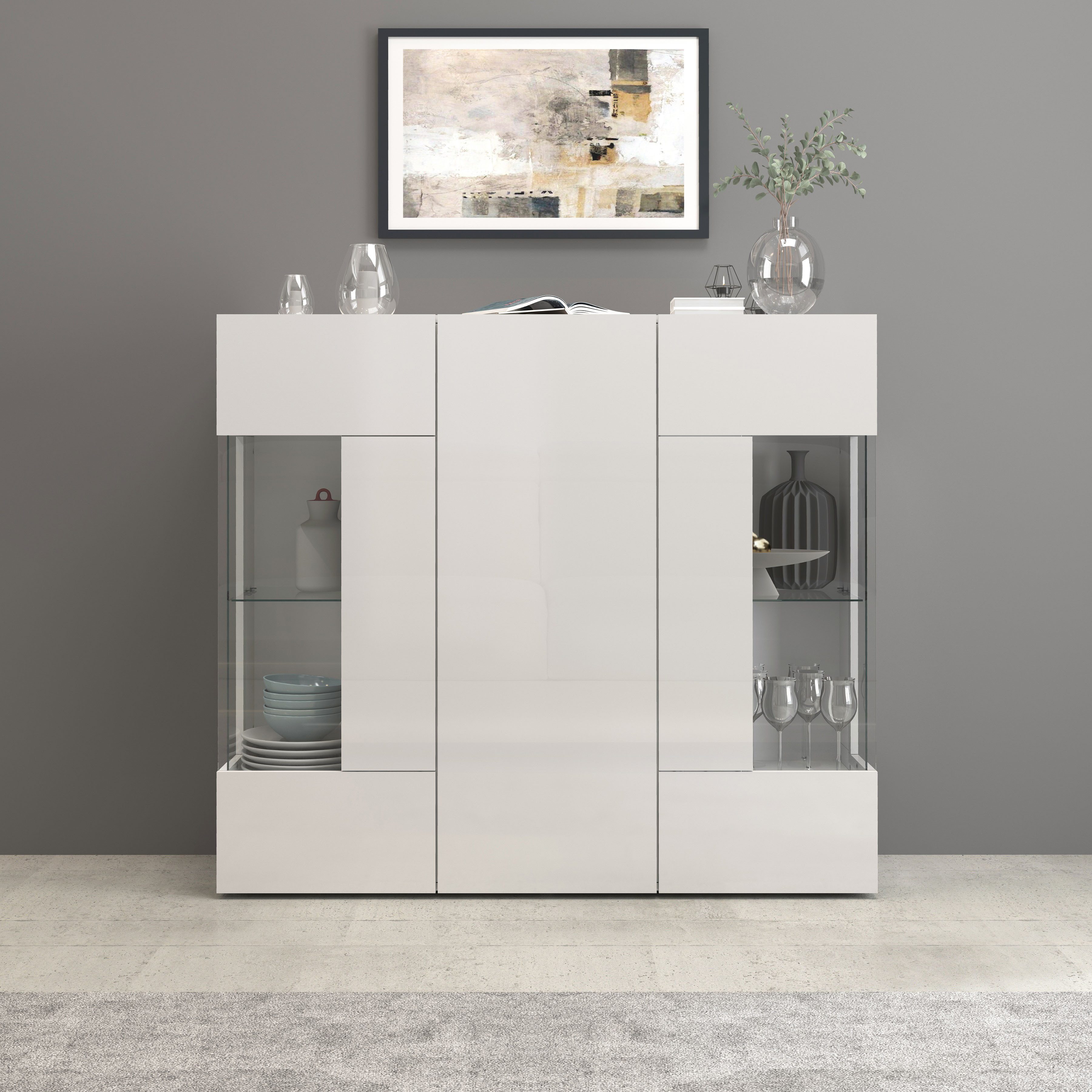 INOSIGN Highboard Egypte, Highboard, Hoge kast, Hoge ladekast, Vitrine met 3 deuren waarvan 2 met glaselement, volledig hoogglans gelakt, breedte 135