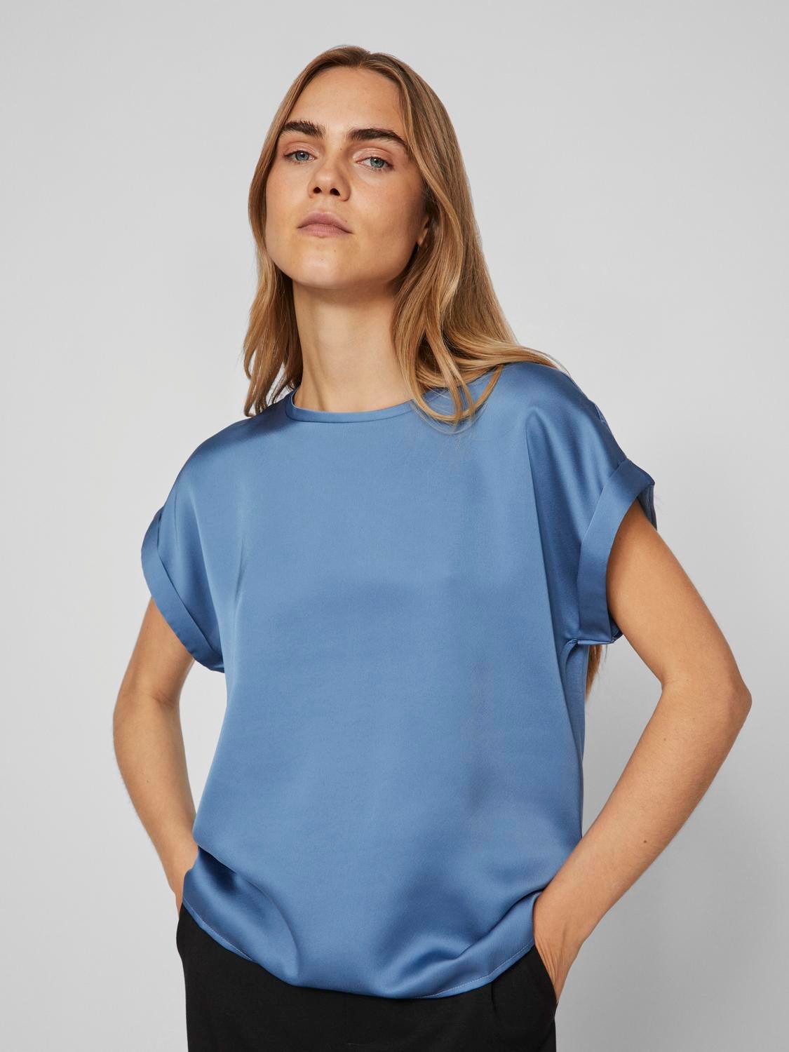 Vila Korte mouwen satijnen T-shirt voor dames Blue Dames