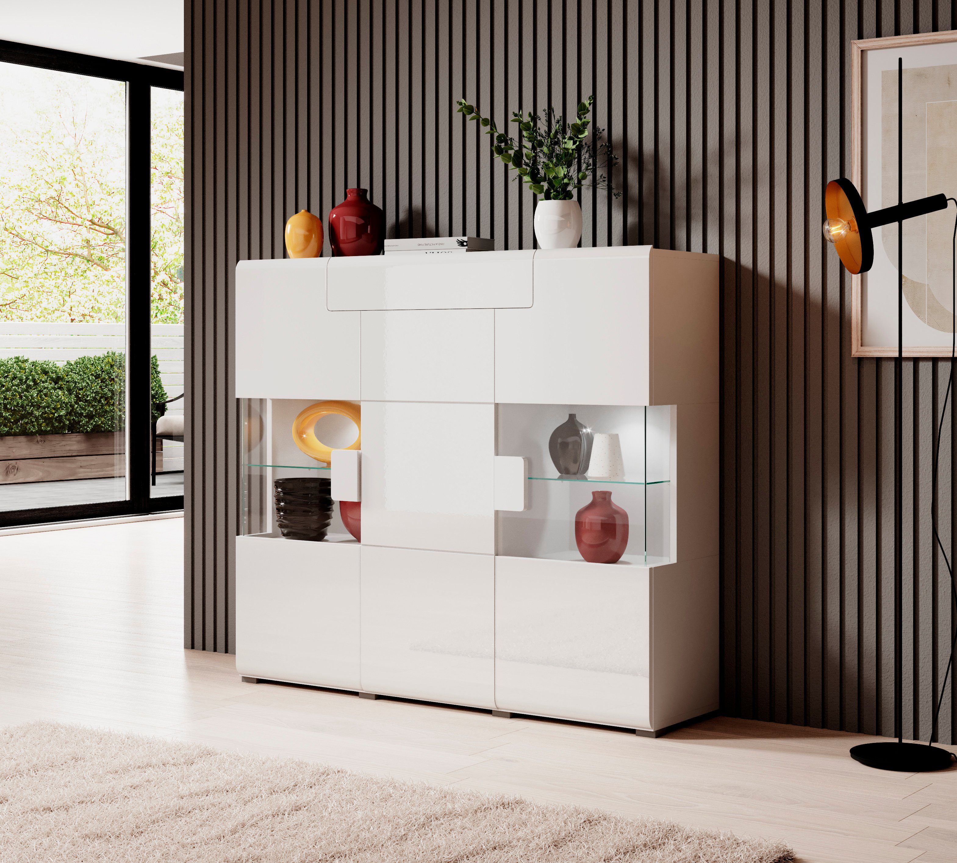 INOSIGN Highboard Toledo, breedte 147,5 cm, modieuze hoge kast met 3 deuren en lade