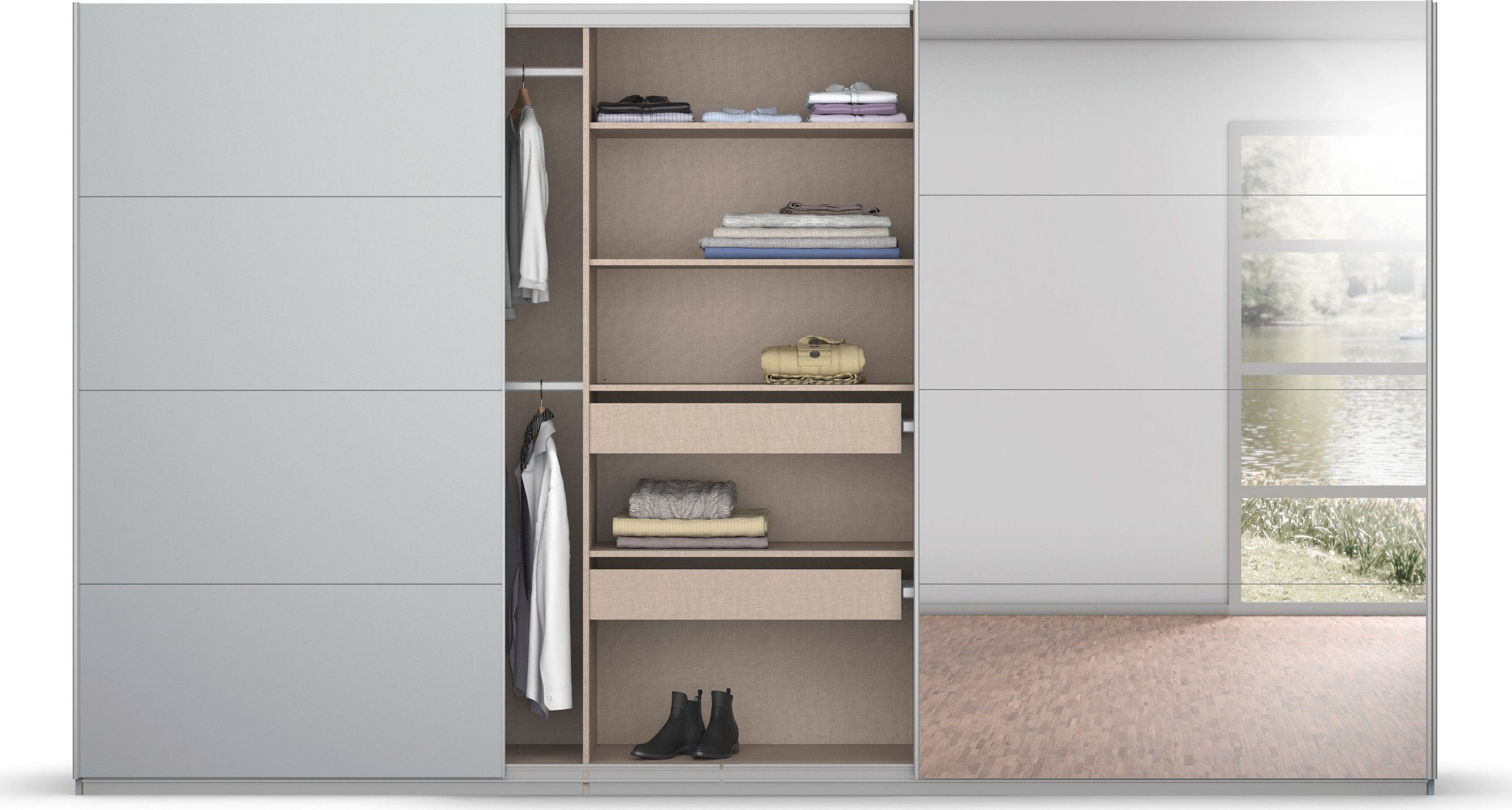 rauch Zweefdeurkast Kledingkast kast garderobe BESTSELLER KOLUNA met spiegel inclusief 2 binnenladen en extra legplanken made in germany