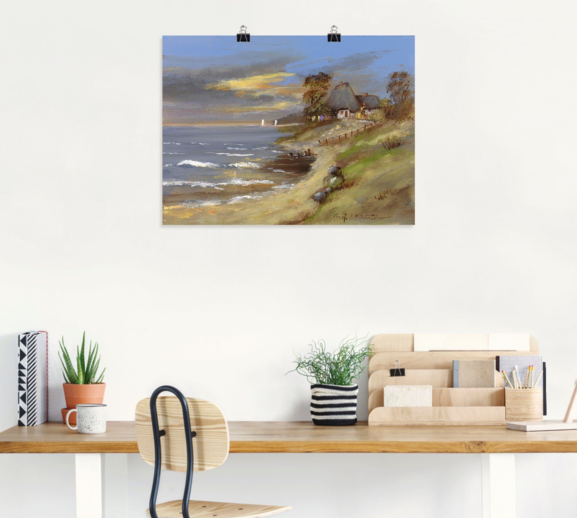 Artland Poster Wit huis met rieten dak aan de zee als artprint op linnen, muursticker of poster in verschillende maten
