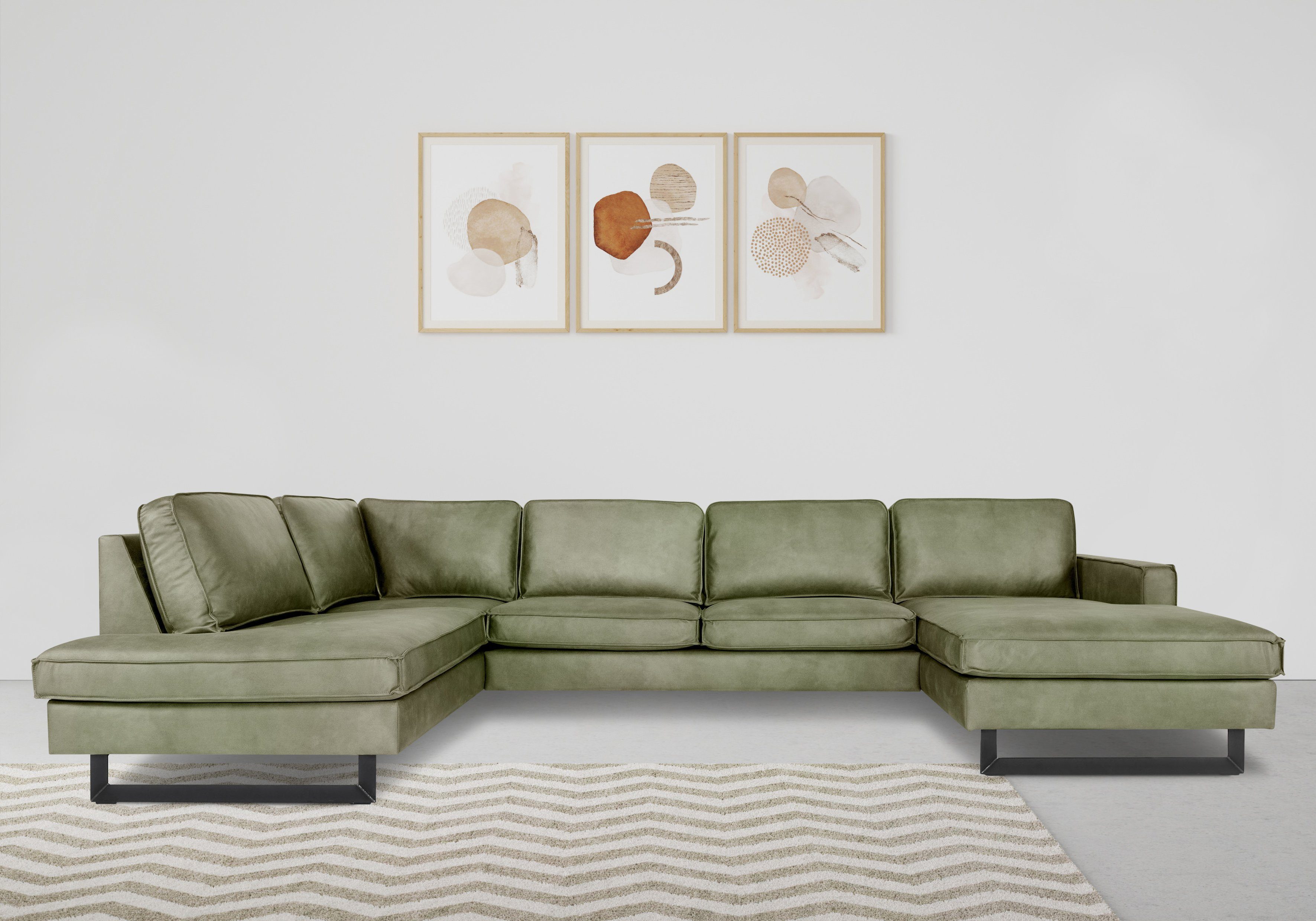 Places of Style Zithoek Pinto, 350 cm, U-vorm, XXL, met ottomanen Cord, chenille, leerlook, met bies, metalen voeten, golfondersteuning