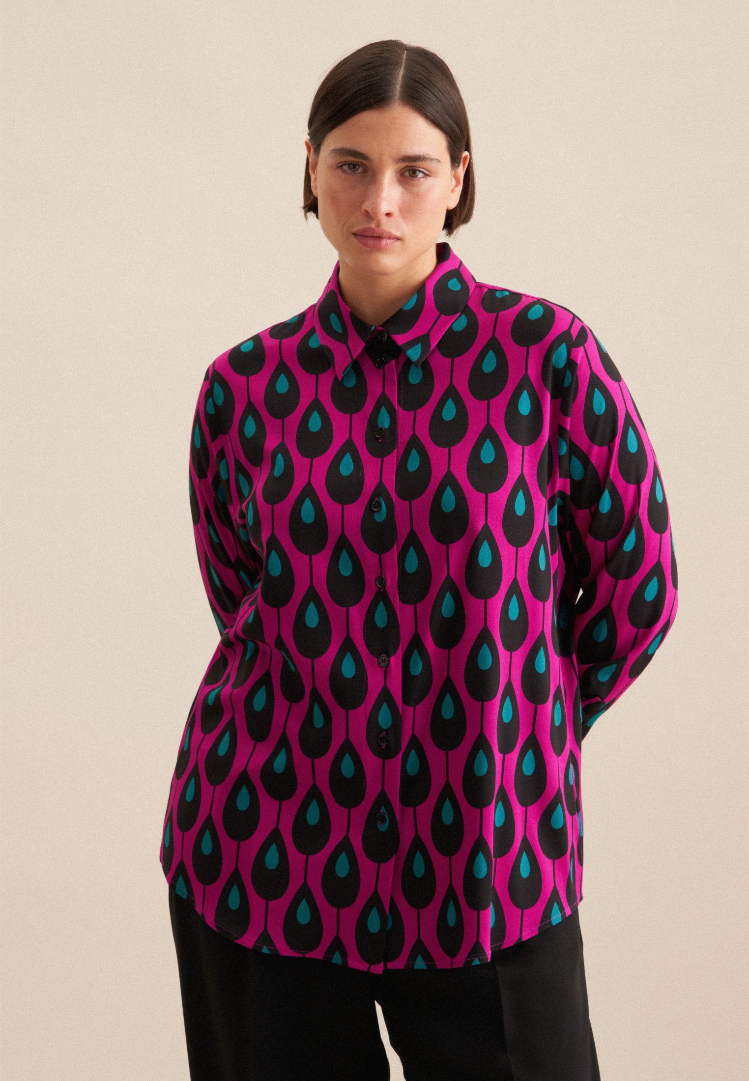 seidensticker Overhemdblouse Zwarte roos Lange mouwen kraag print