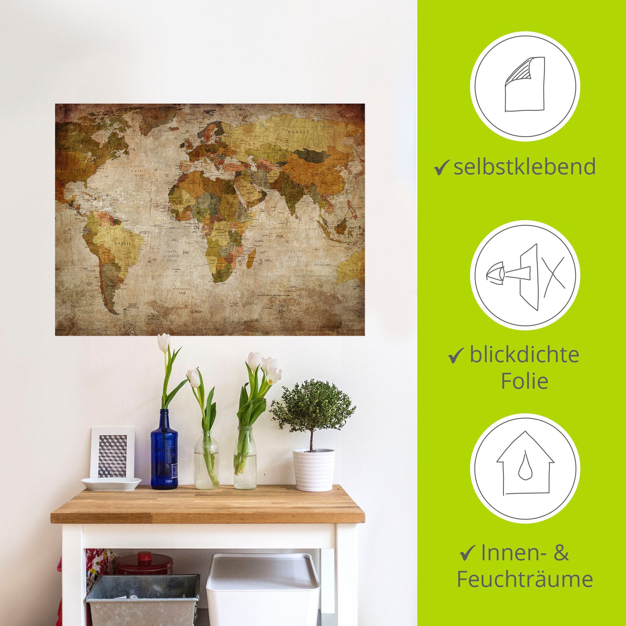Artland Artprint Wereldkaart als artprint van aluminium, artprint voor buiten, artprint op linnen, poster, muursticker