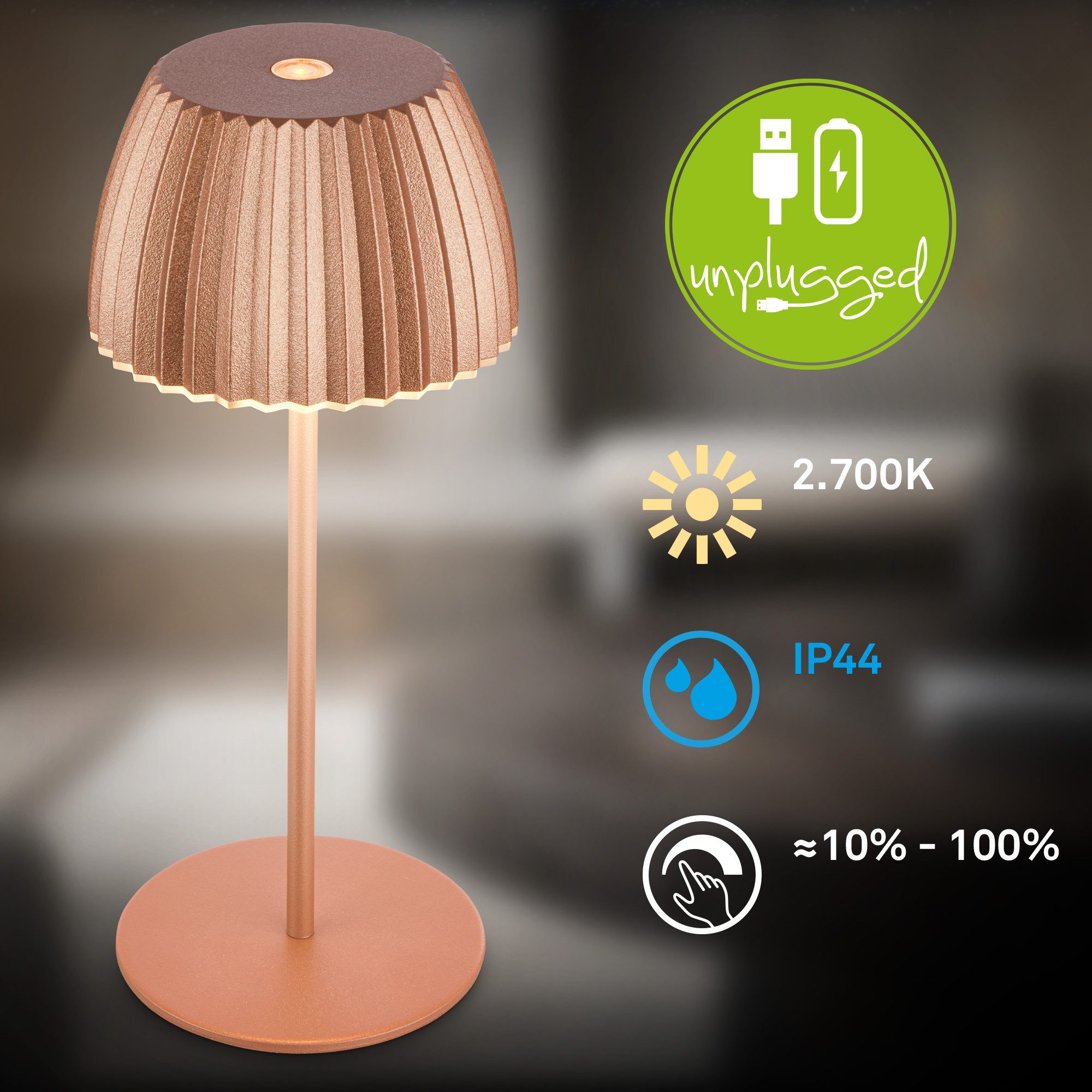 Briloner Leuchten Led-tafellamp Accu LED tafellamp, mini, koperkleurig