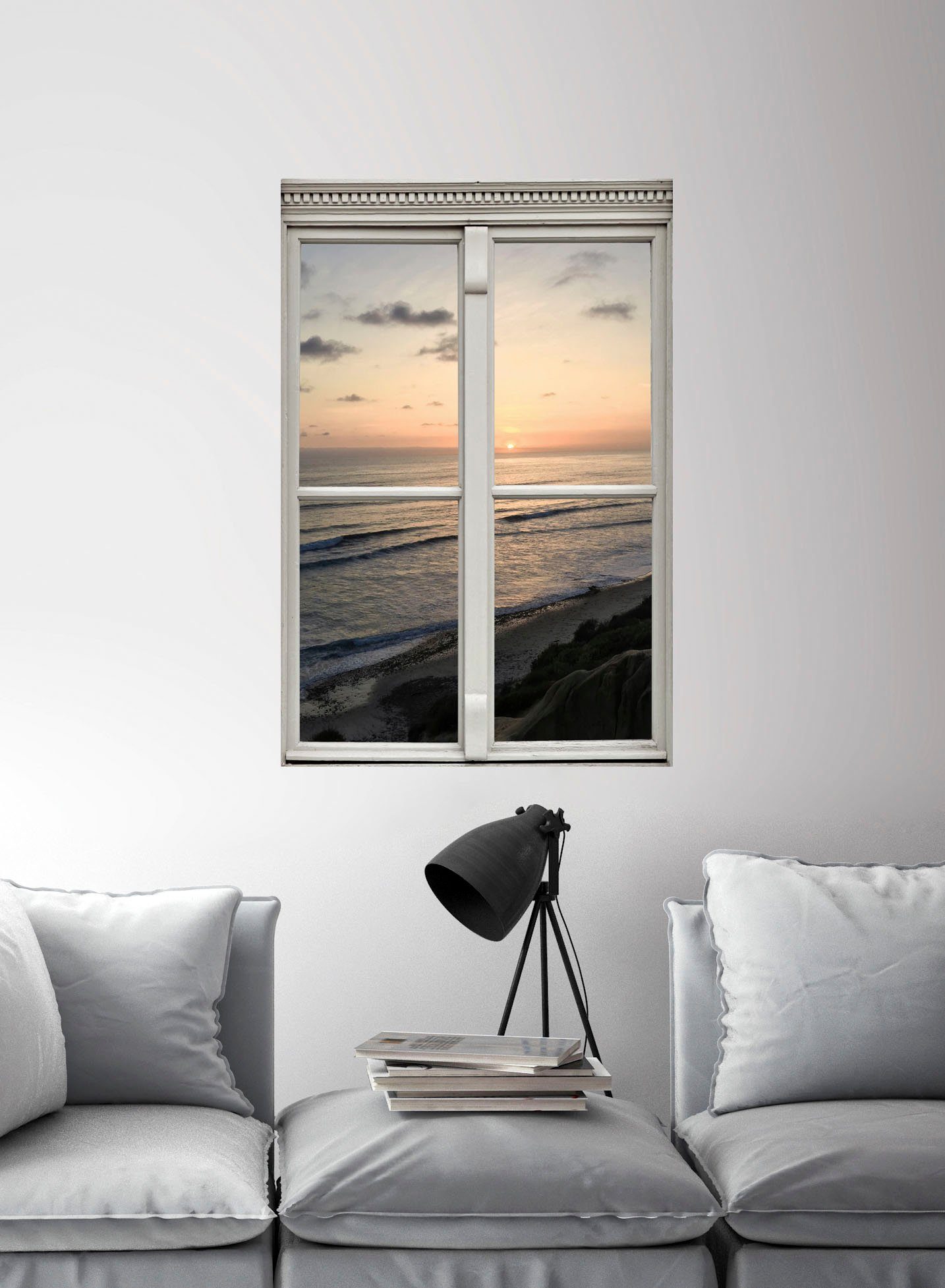 queence Wandfolie Zonsondergang Muursticker, muurdecoratie, zelfklevend, 3D, raam