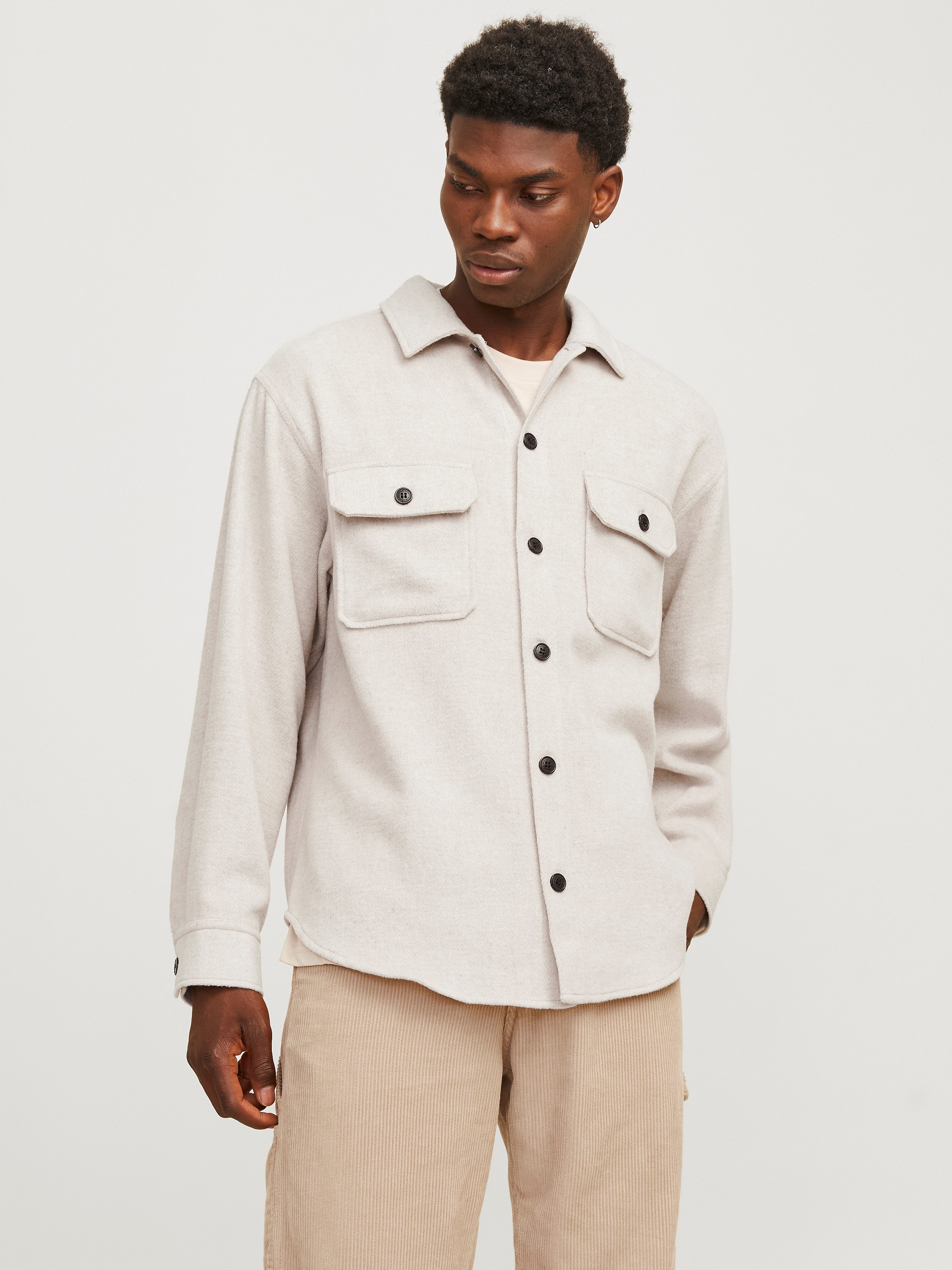 JACK & JONES ESSENTIALS loose fit overshirt JJEBRADLEY OLLIE met wol beige