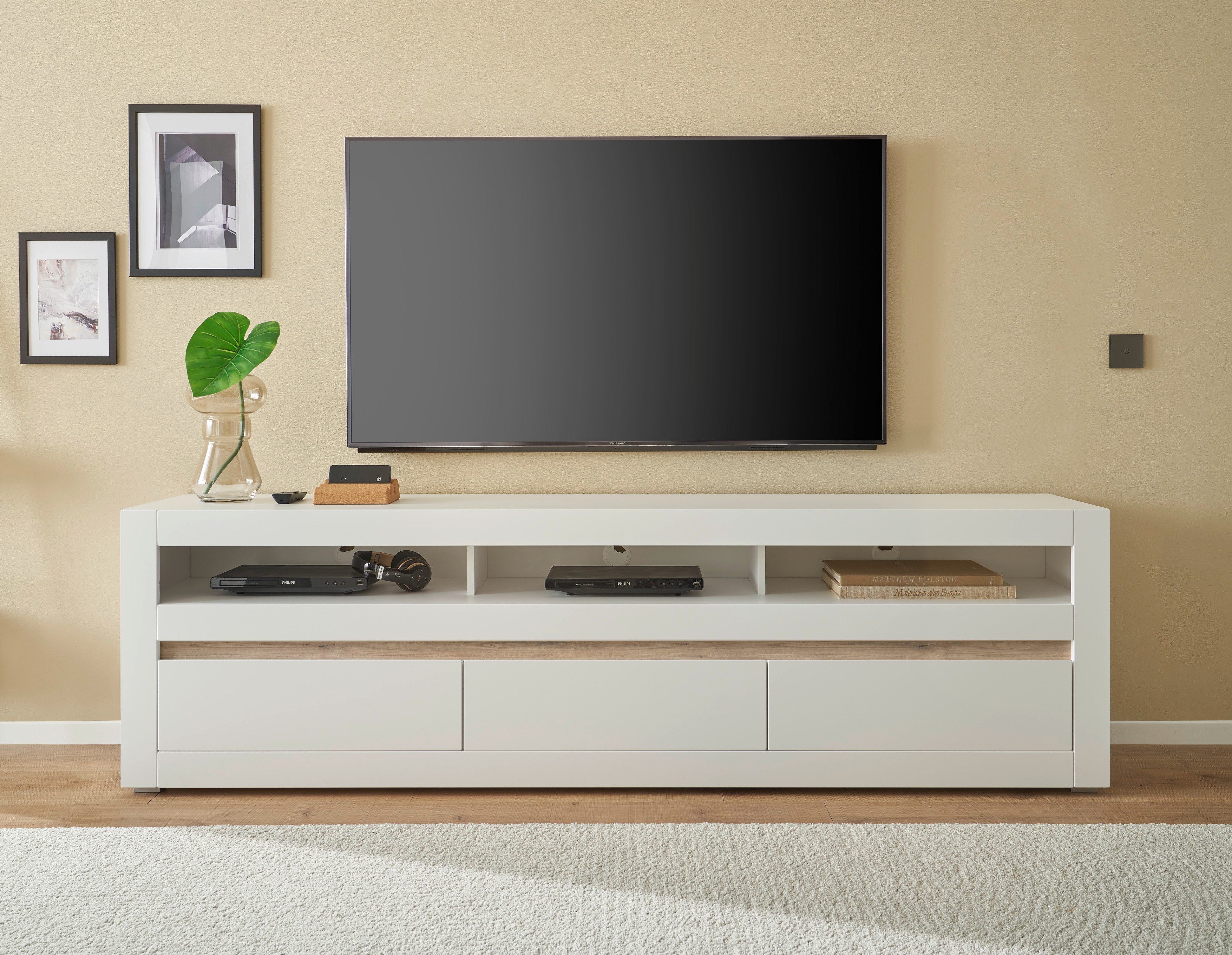 INOSIGN Tv-meubel Chester, moderne TV-kast, Ladekast met opbergruimte, Mat Wit vervangbare afdekking in grepline, tijdloos design, 217 cm breed (1 stuk)