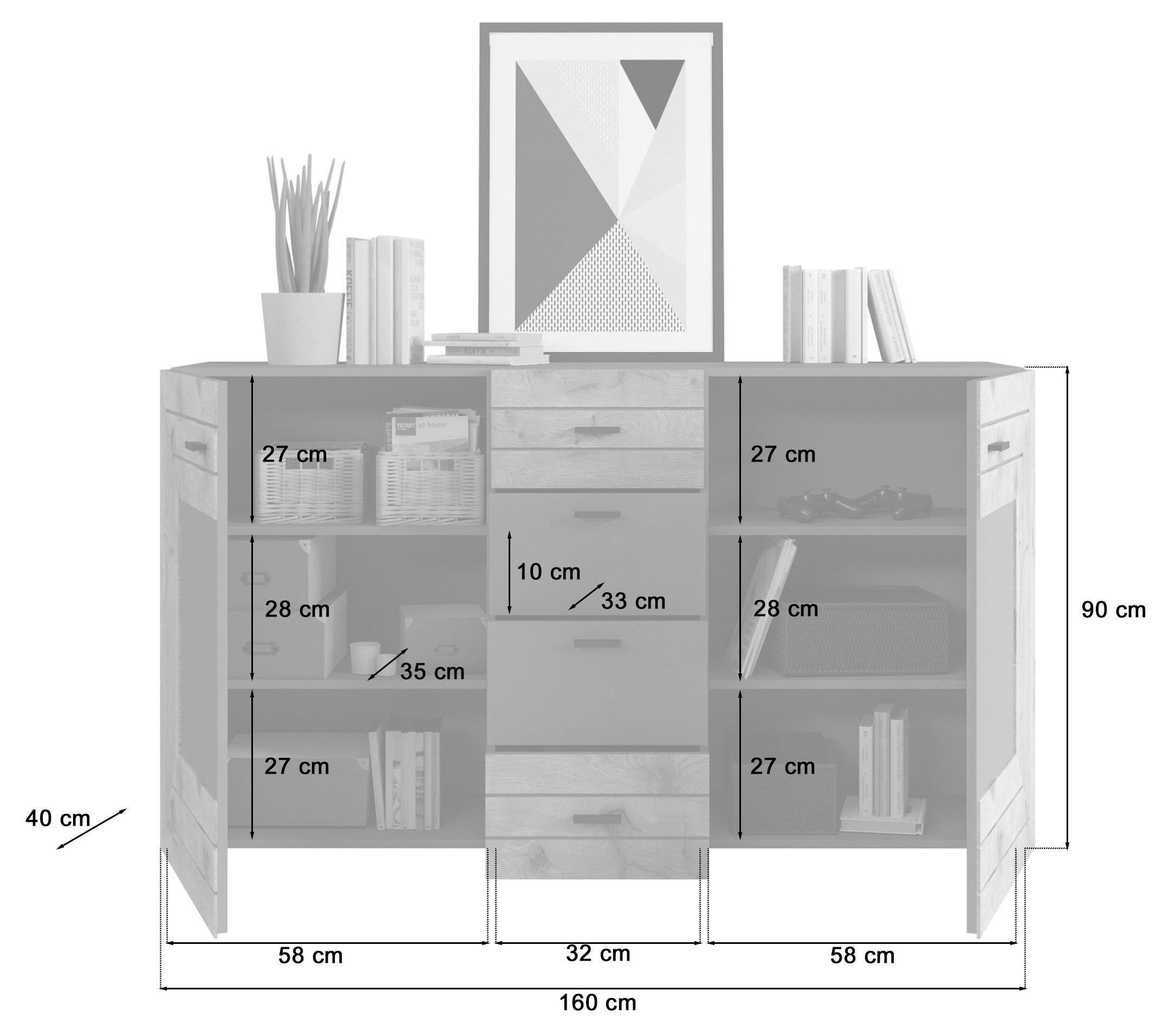 INOSIGN Dressoir Aalborg, breedte 160 cm, 4 lades, 2 deuren, 6 vakken, metalen handgrepen