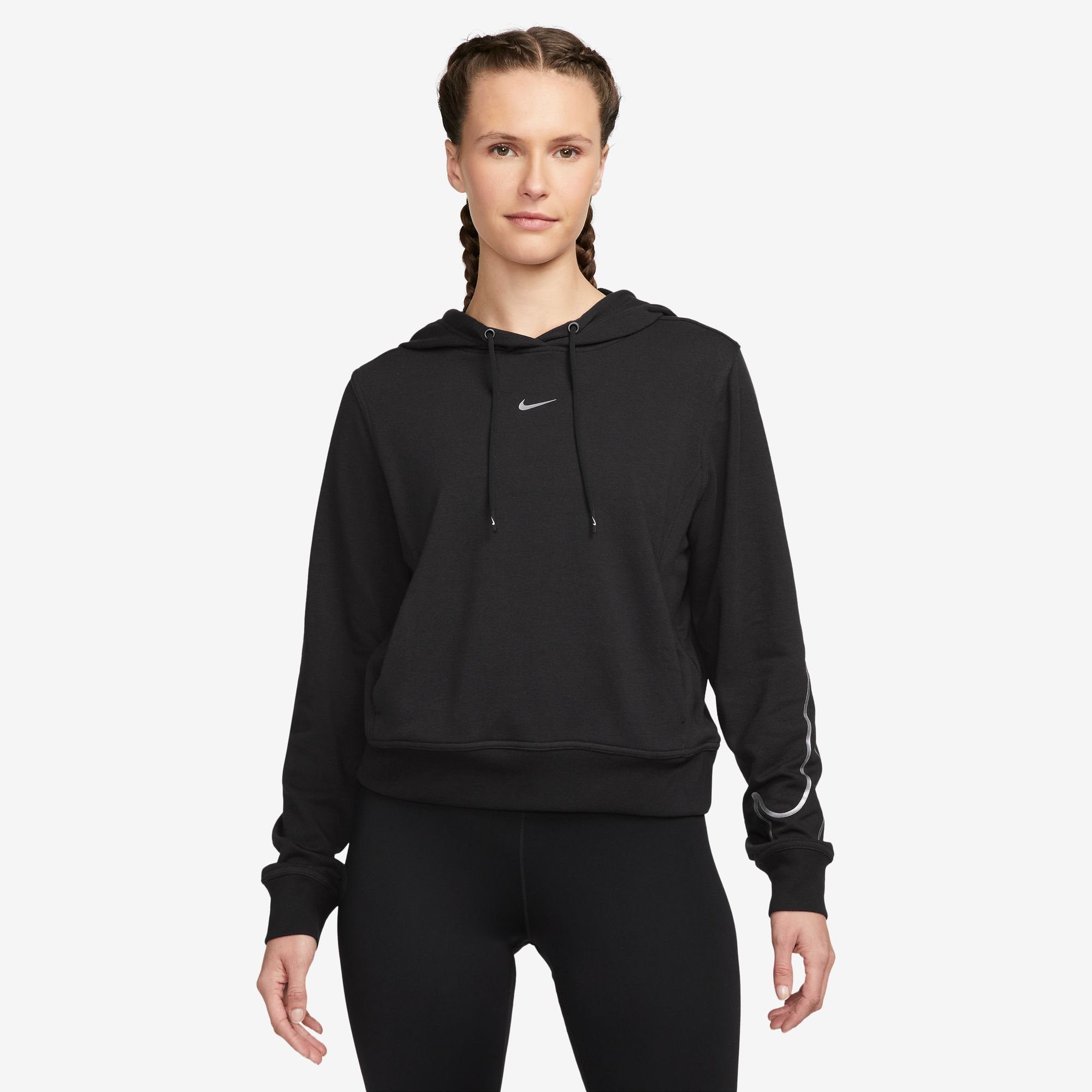 Nike Dri-FIT One hoodie van sweatstof met graphic voor dames Black Metallic Silver- Dames Black Metallic Silver