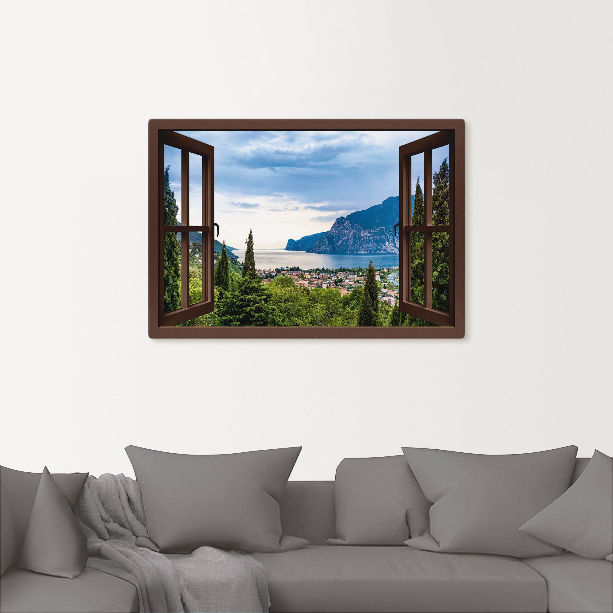 Artland Artprint Gardameer door het bruine raam als artprint van aluminium, artprint voor buiten, artprint op linnen, poster in verschillende maten. maten
