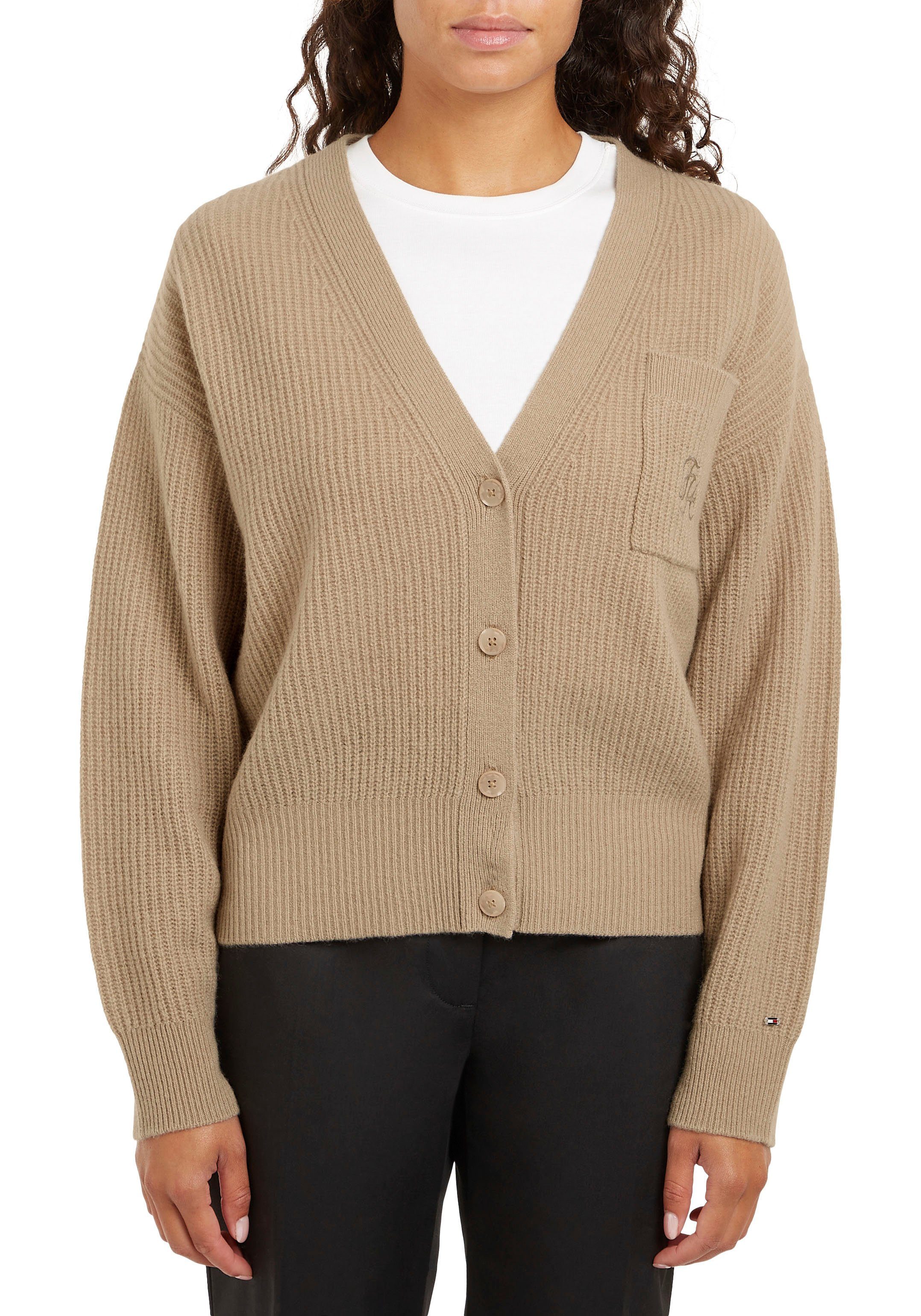 Tommy Hilfiger Vest TH SCRIPT SOFT WOOL V-NK CARDI met tommy hilfiger script-logo-opschrift