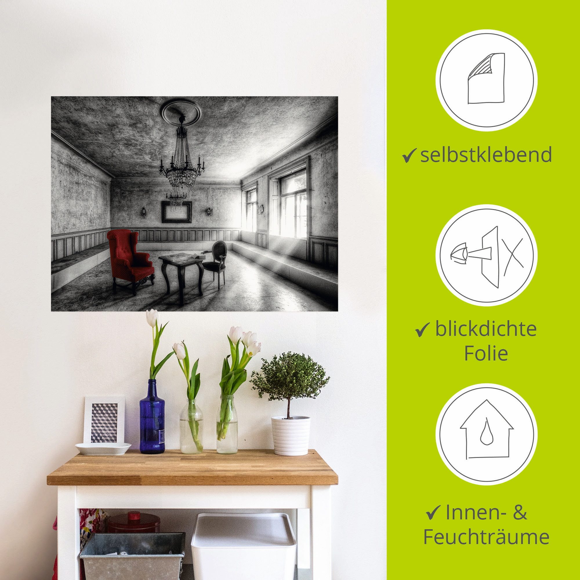 Artland Artprint Lost Place - rode fauteuil als artprint van aluminium, artprint voor buiten, artprint op linnen, poster, muursticker