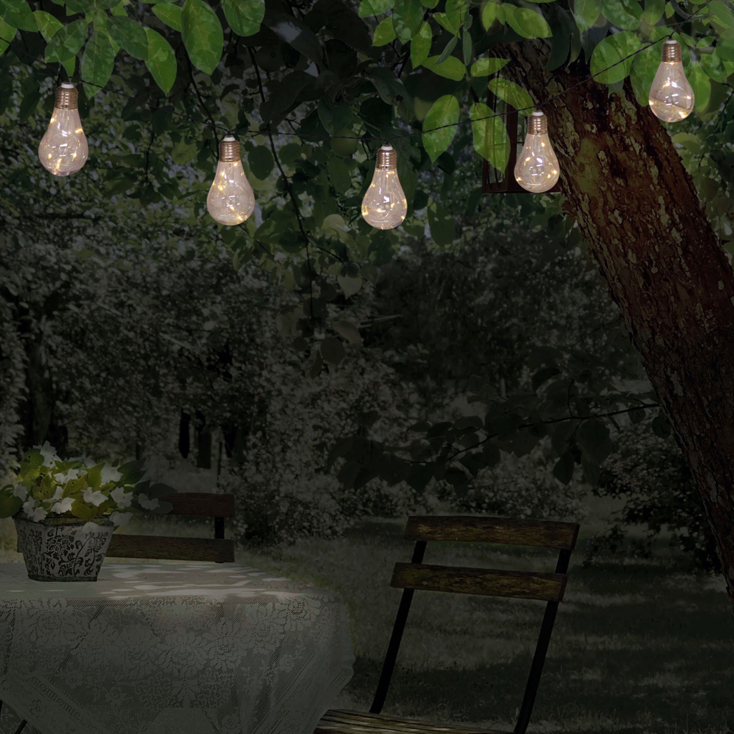 näve Led-lichtsnoer Gloeilamp Zonne-energie, 10 heldere gloeilampen, warmwit, incl. zonnepaneel, lengte 300 cm (1 stuk)