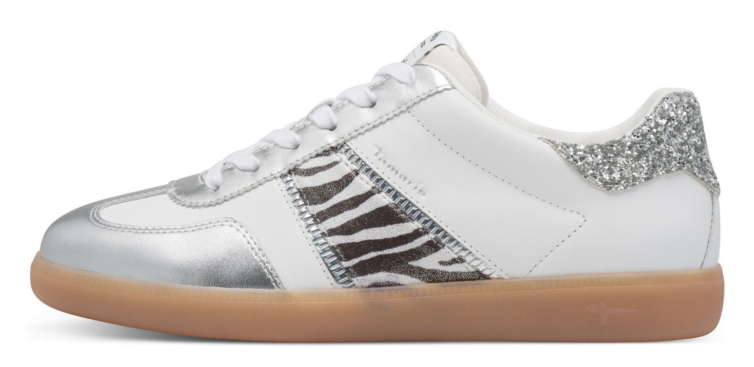 Tamaris Plateausneakers , vrijetijdsschoen, lage schoen, veterschoen met glitter op de hiel