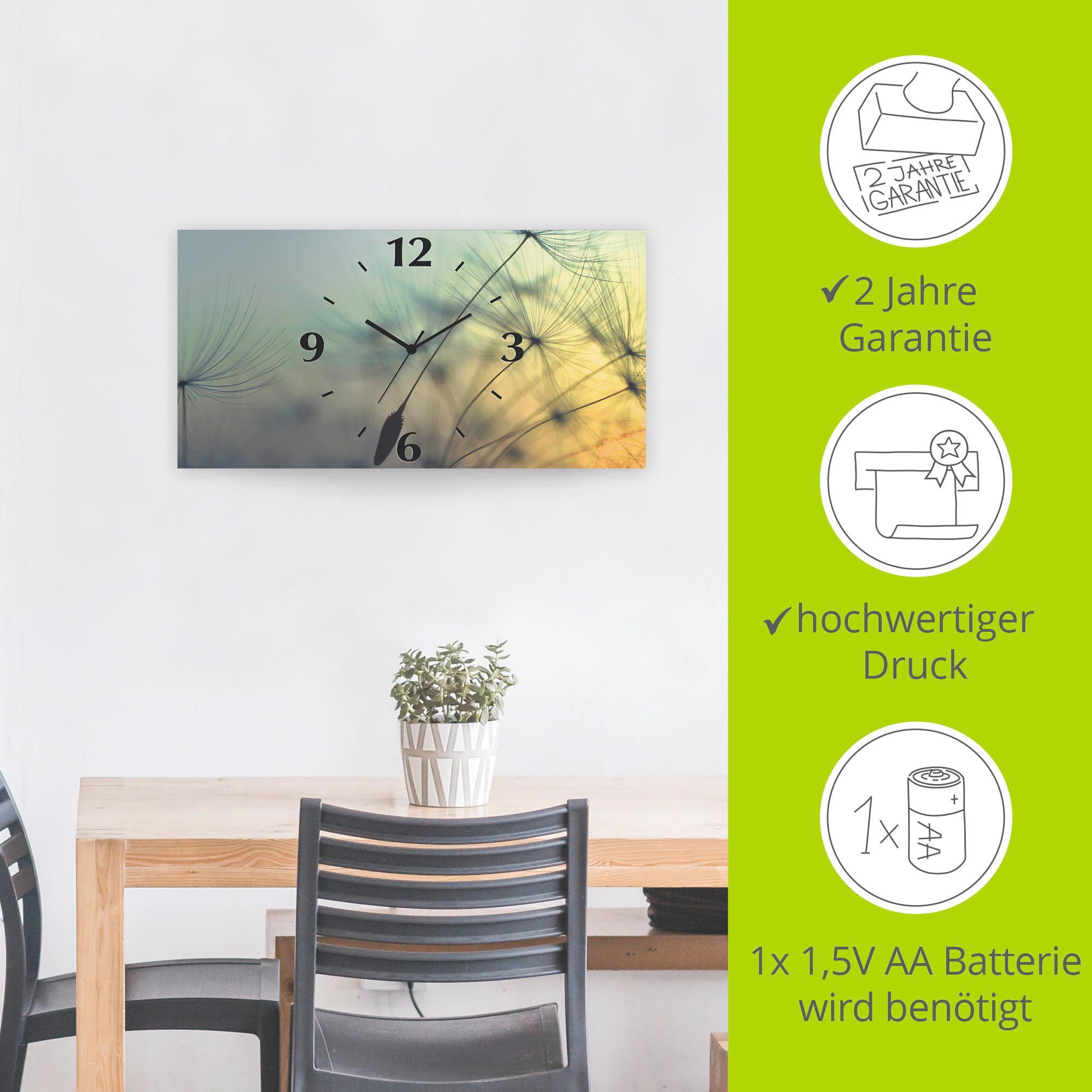 Artland Wandklok Goudkleurige zonsondergang en paardenbloemen 3d-look geschulpt, met kwarts- of radiografisch uurwerk, verschillende maten