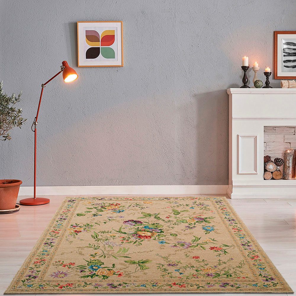 THEKO Vloerkleed Flomi Sagrini Platweefsel, pastelkleuren, bloemendessin