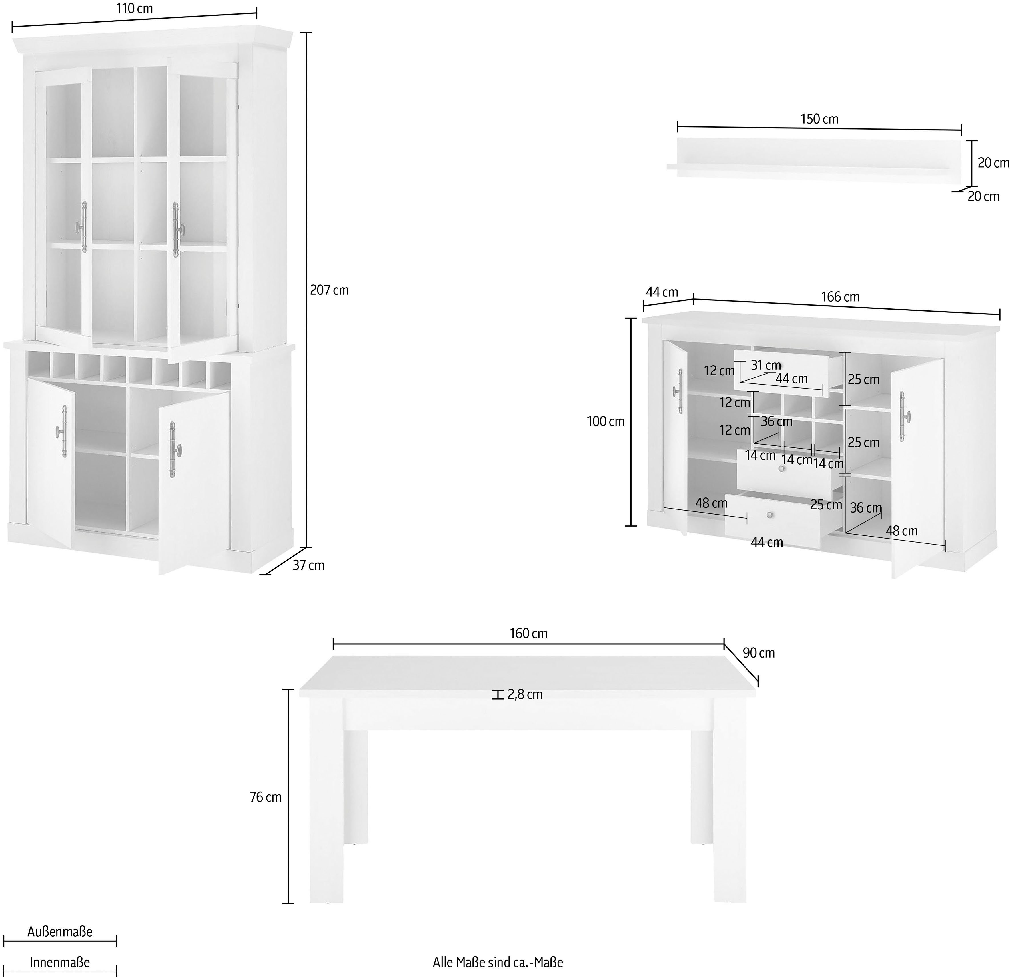 Home affaire Wandmeubel Ravenna in romantische landelijke stijl, grepen van metaal, soft-closefunctie (4-delig)