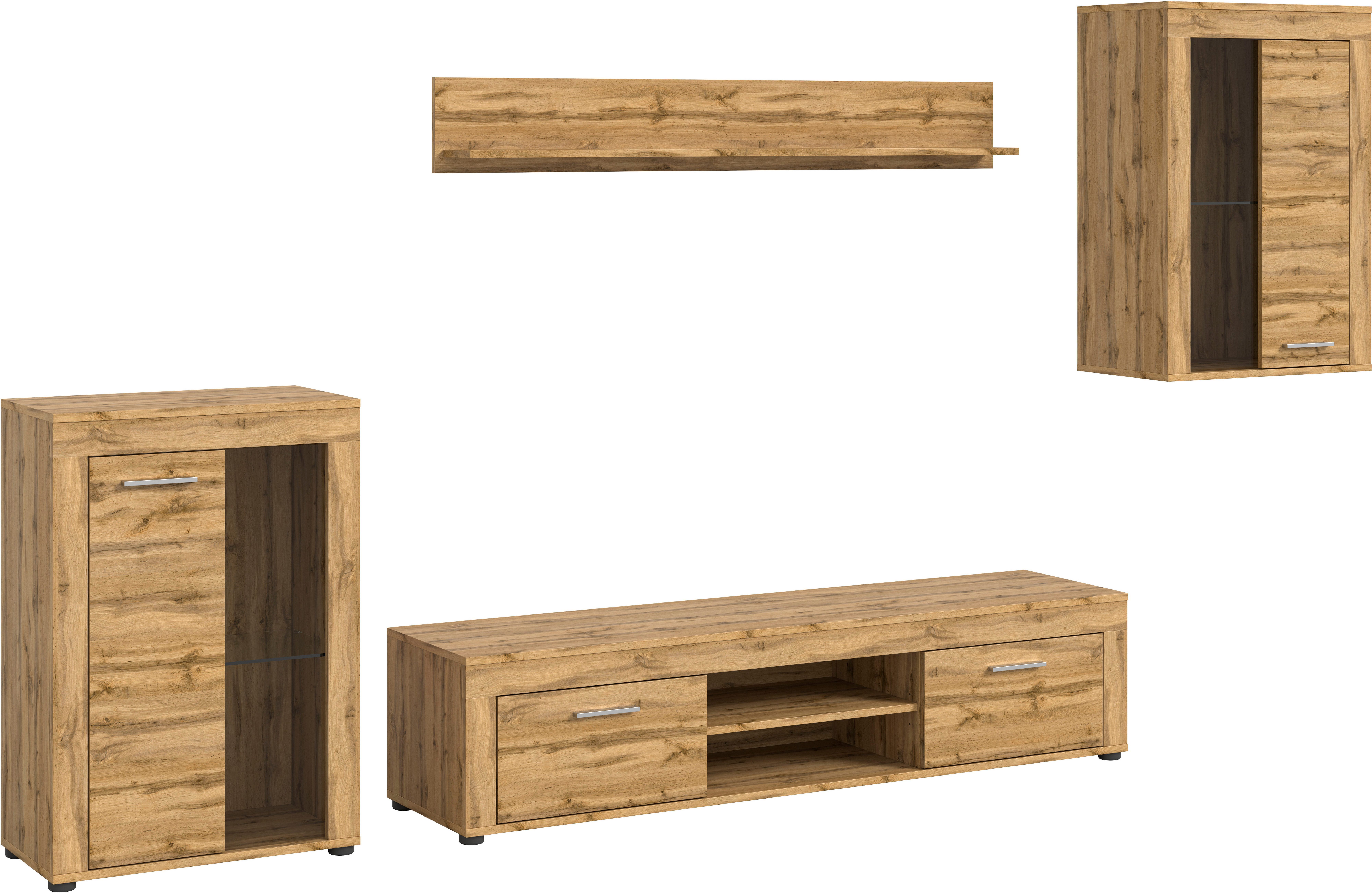 INOSIGN Wandmeubel Aosta, 4-delig, bestaande uit: 2x vitrinekast, lowboard & wandplank (4-delig)