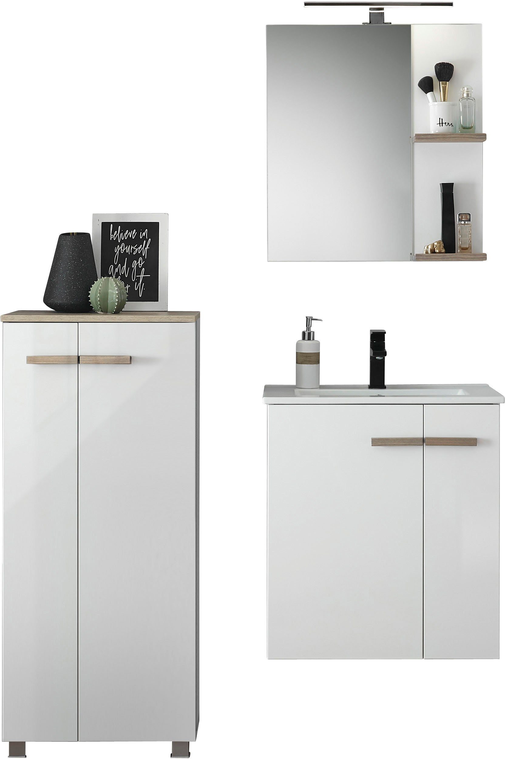 Places of Style Badkamerserie SOLiD, Badmöbel-Set, Bad im modernen Design, 3-teiliges Badezimmer Totale breedte 130 cm, wastafelonderkast met inbouw-wasbak, halfhoge kast (3-delig)