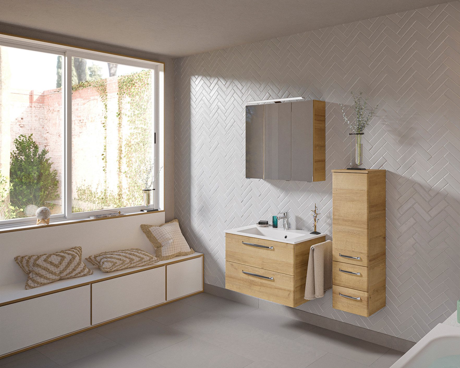 Saphir Badmeubelset Trentino 3-delig mineralen marmer wasbak, LED spiegelkast (4 stuks)