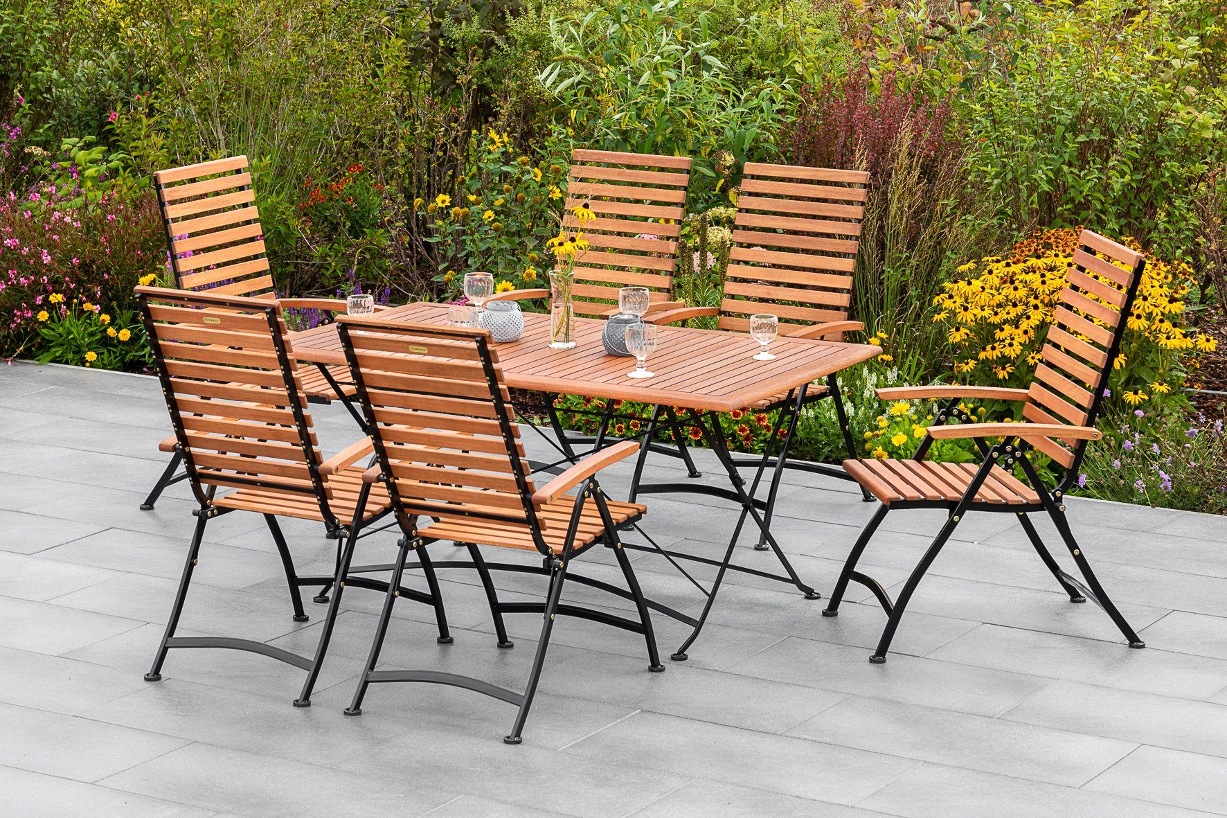 MERXX Tuin-eethoek Kasteeltuin 6 klapstoelen met tafel (7-delig) tuinsets bruin