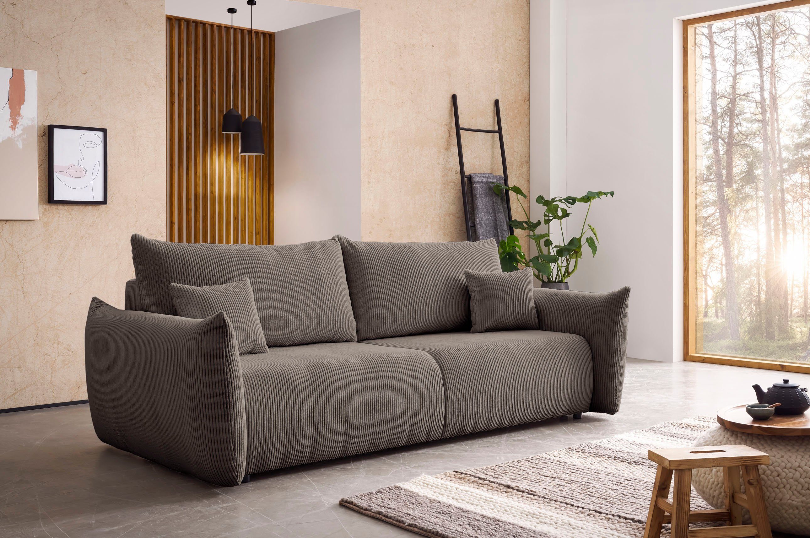 INOSIGN 3-zitsbank MAVAS slaapbank met bedlade ca. 240/108 cm (ligoppervlak 212/145 cm), ribfluweel, chenille, structuur