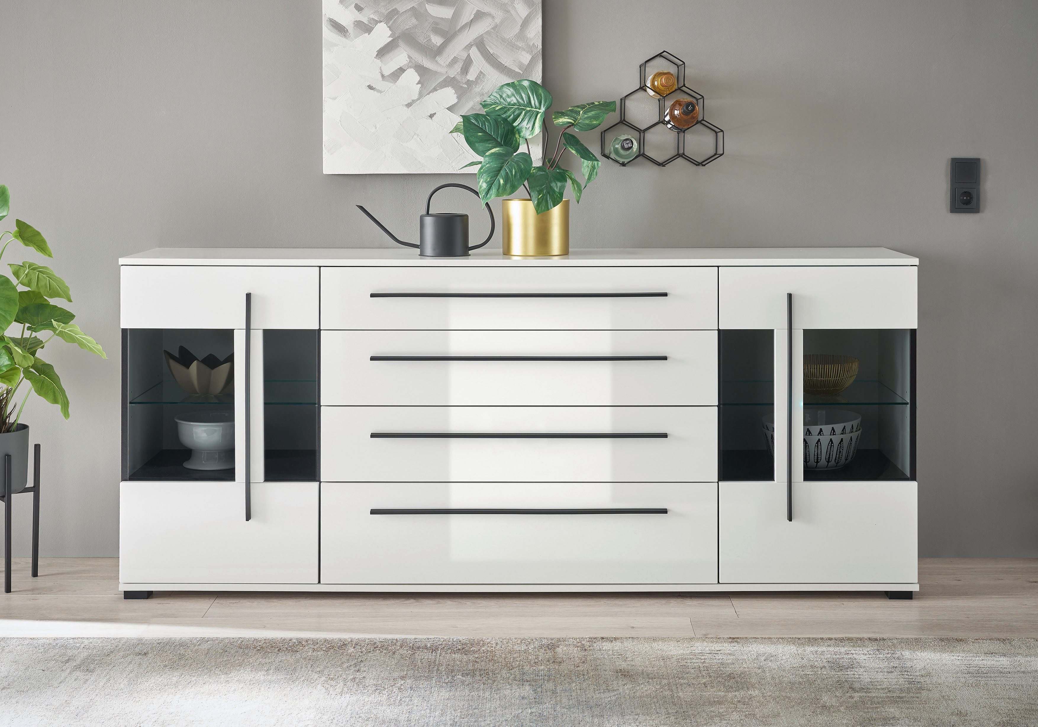 INOSIGN Dressoir Cantara, moderne kast, commode in Eiken Evoke of wit zwarte stanggreep, voldoende opbergruimte, veelzijdig inzetbaar dressoirs wit