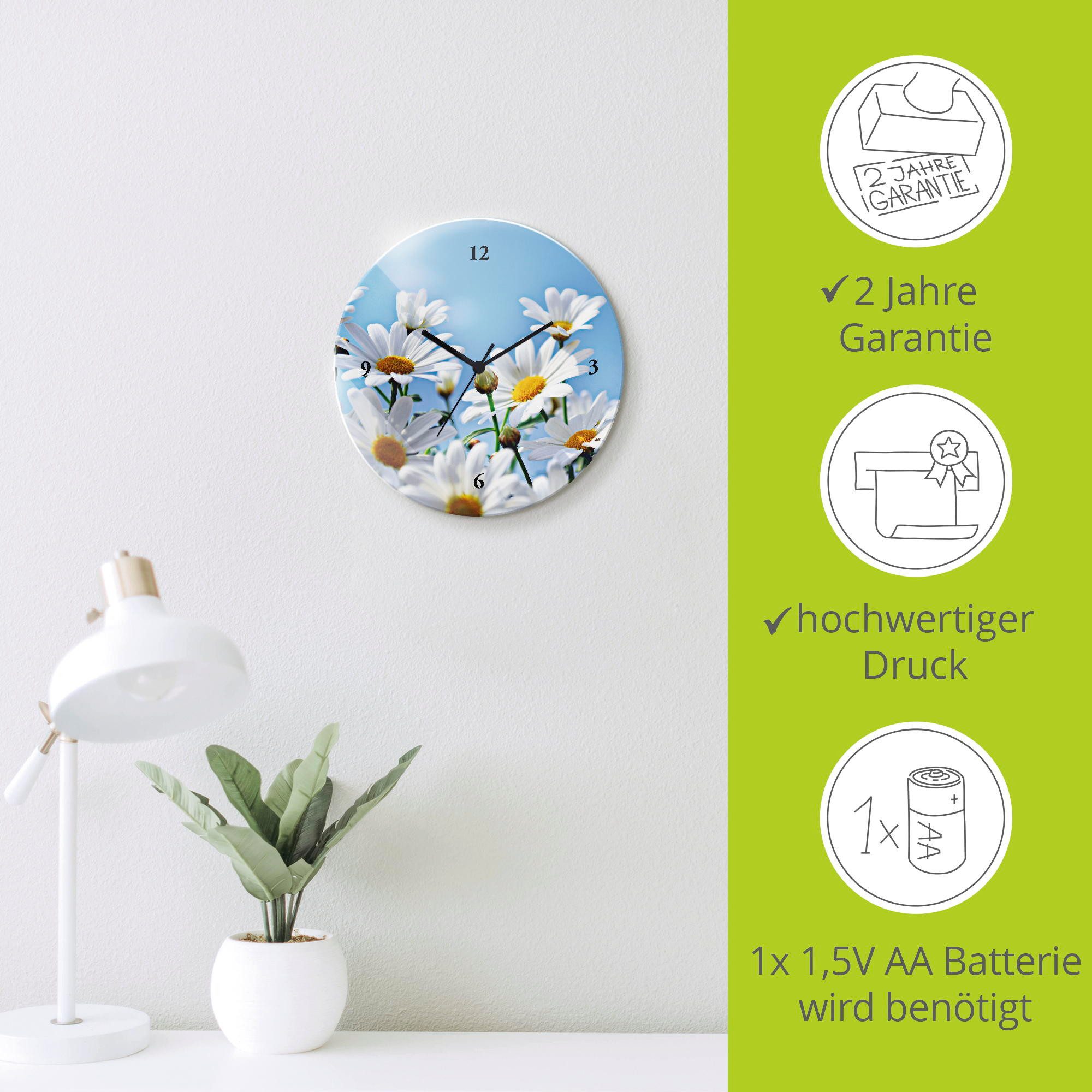Artland Wandklok Bloemen - margrieten optioneel verkrijgbaar met kwarts- of radiografisch uurwerk, geruisloos zonder tikkend geluid