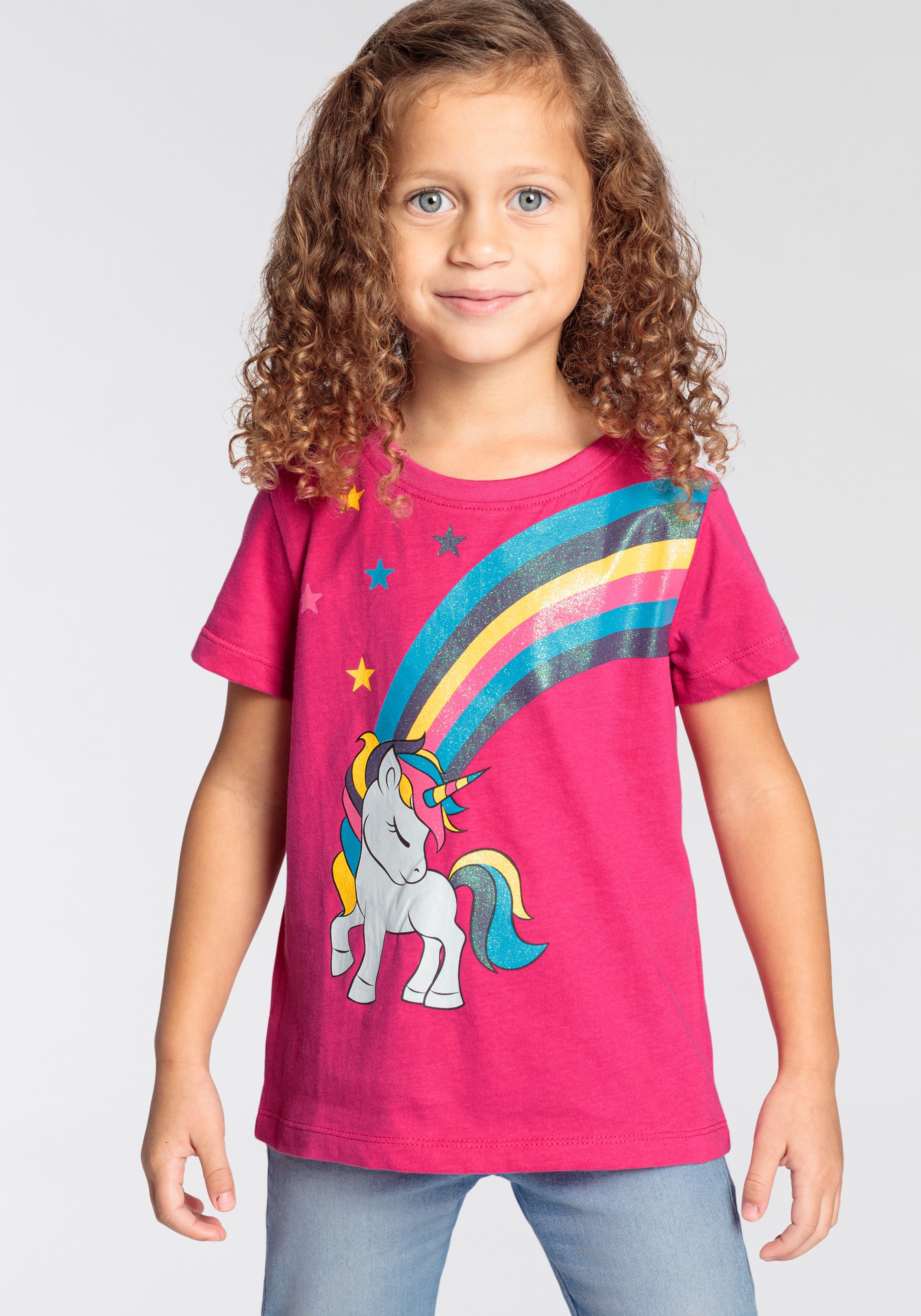 KIDSWORLD T-shirt Eenhoorn met regenboog Korte mouwen, heuplange pasvorm, bedrukt ontwerp