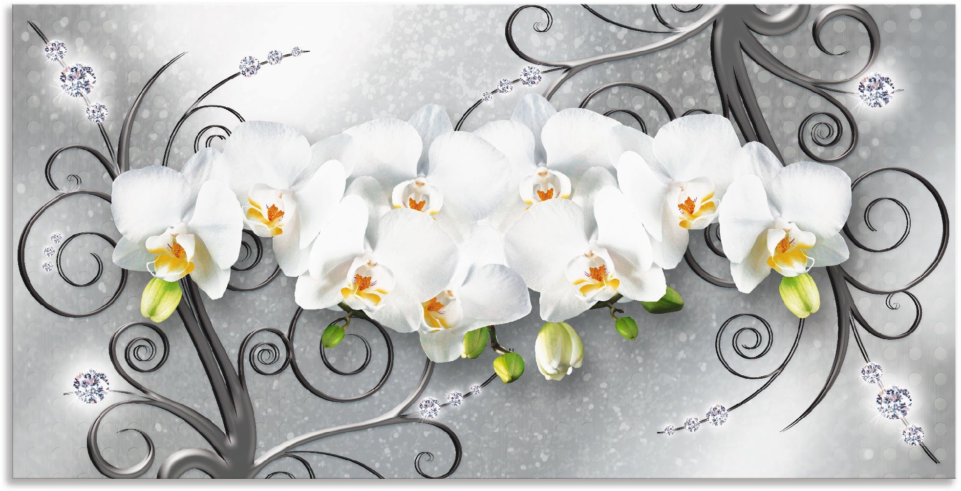 Artland Artprint Witte orchideeën op ornamenten als artprint van aluminium, artprint voor buiten, artprint op linnen, poster, muursticker