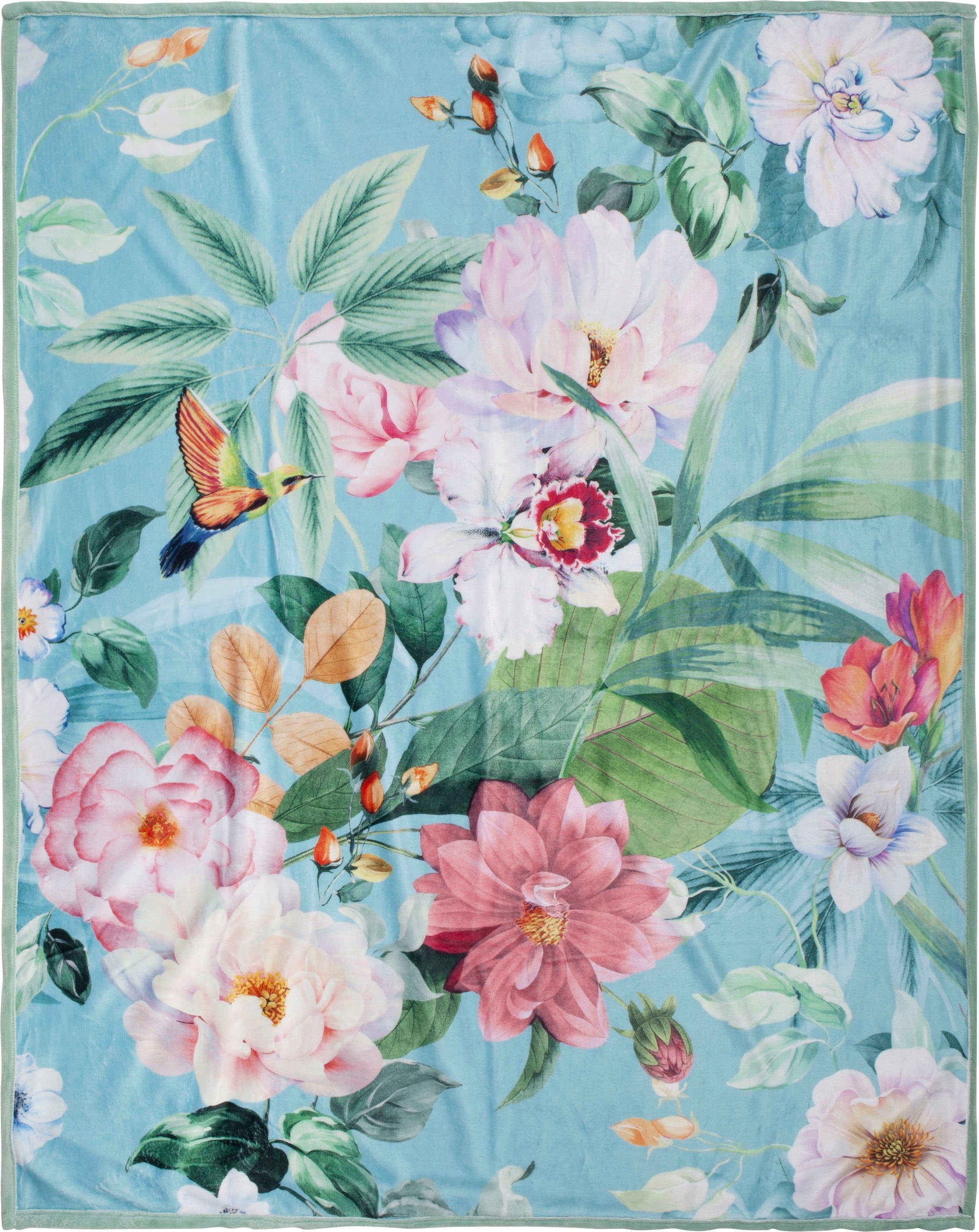 Descanso Plaid Fungi Zeer zacht, knuffeldeken, 130x160 cm, omkeerbaar, bloemen, groen, turquoise