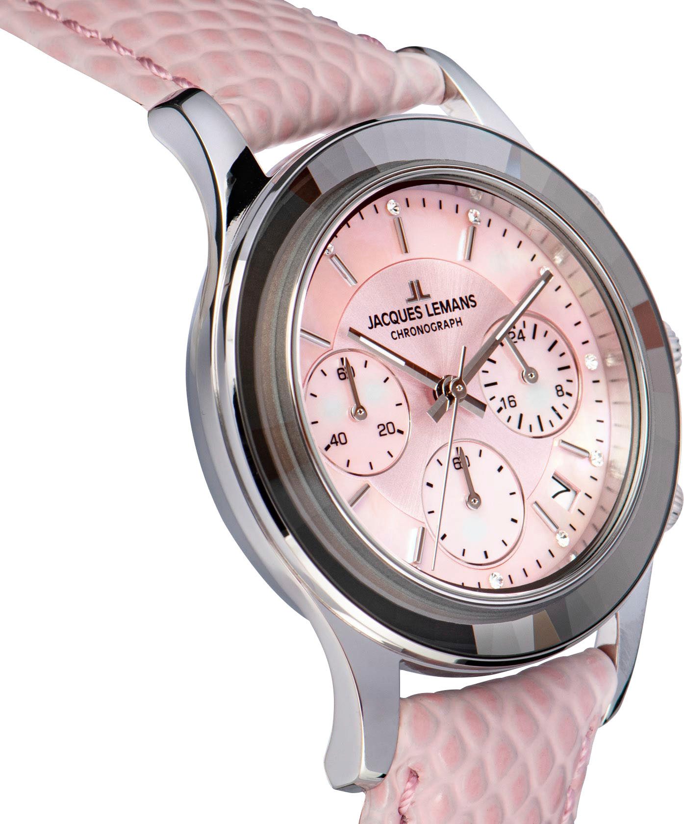 Jacques Lemans Chronograaf Venice Polshorloge, dameshorloge, leren band, stopwatchfunctie, datum, parelmoer
