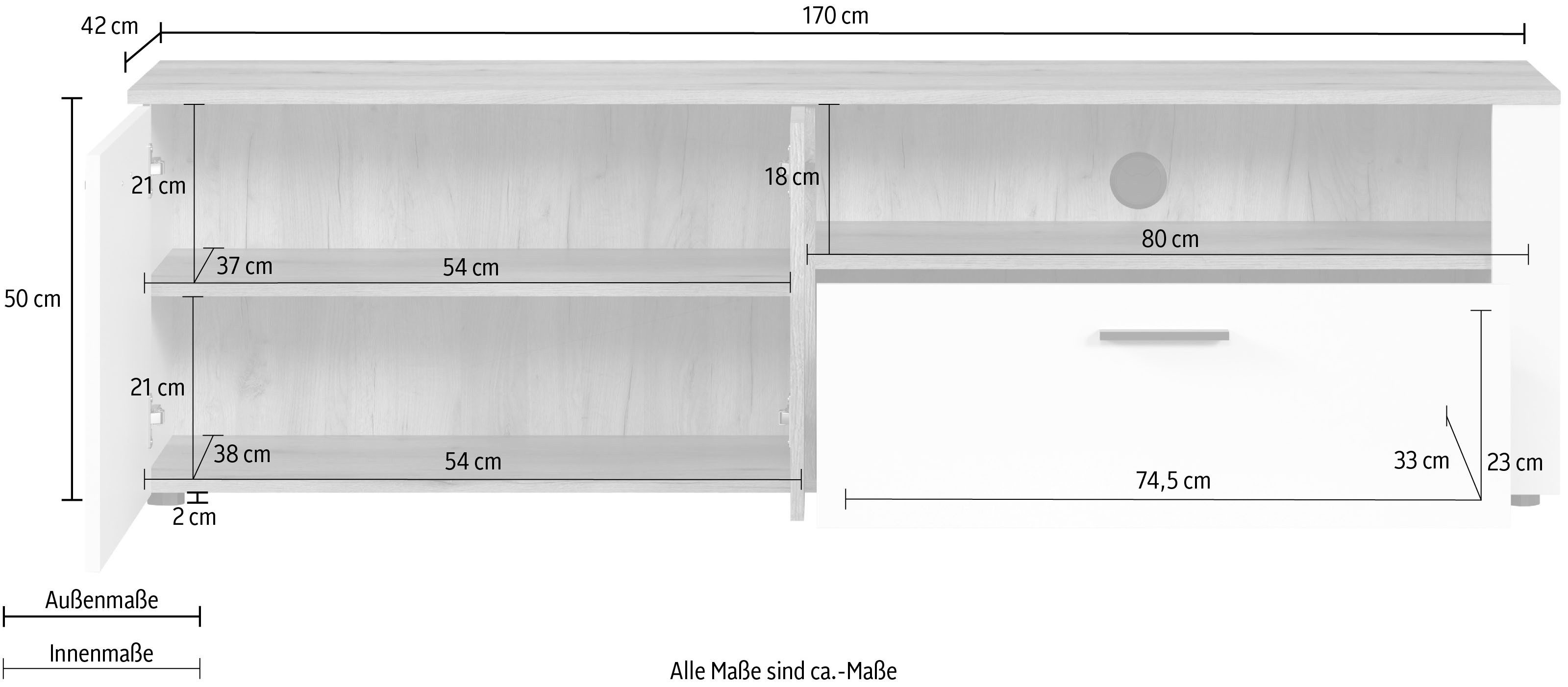 INOSIGN Tv-meubel Linz TV-kast, TV-rek TV-lowboard met eindhoutapplicaties - B/D/H: 170/42/50 cm (1 stuk)