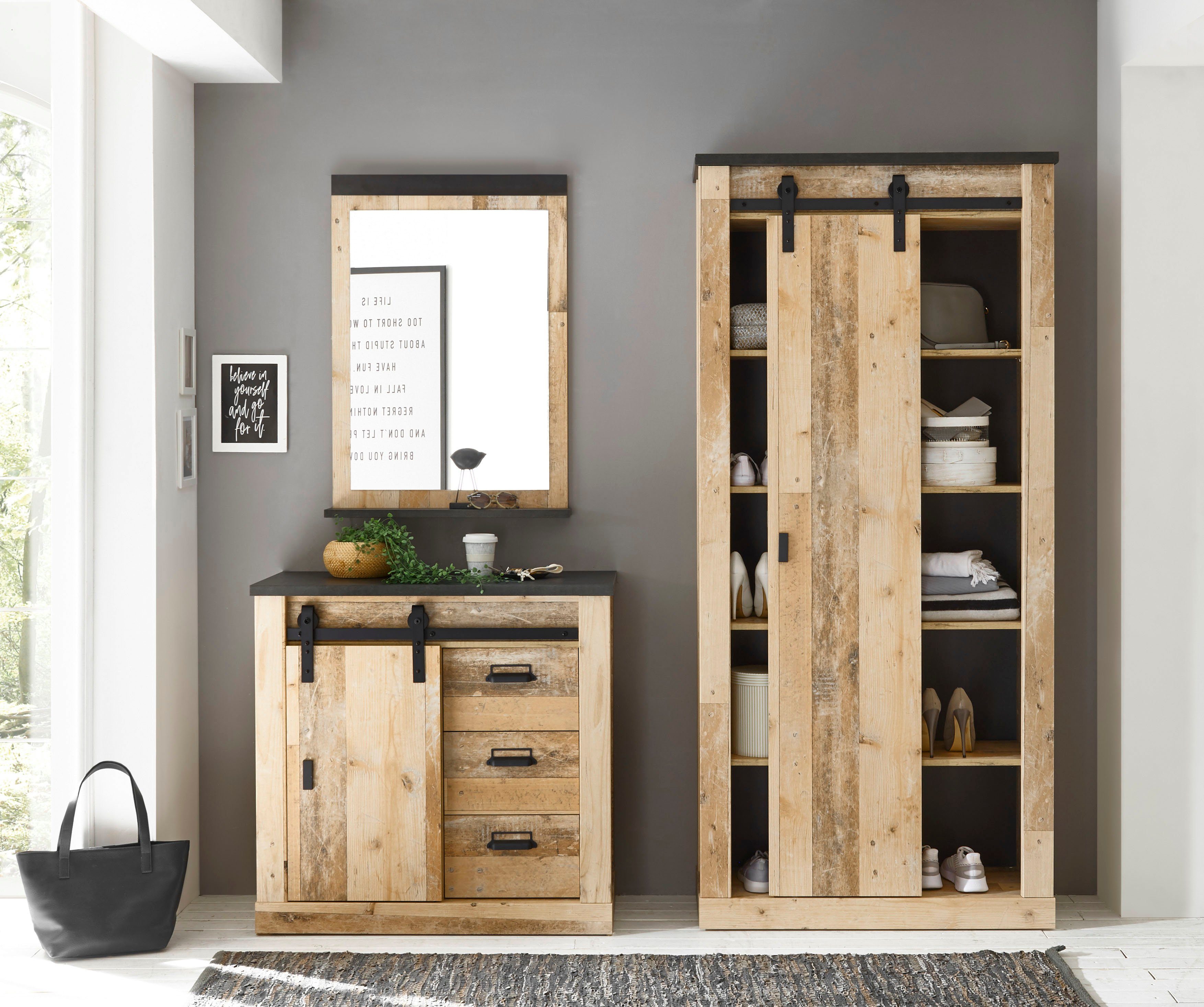 Home affaire Halmeubelset Sherwood met schuurdeurbeslag, apothekersgrepen van metaal (3-delig)