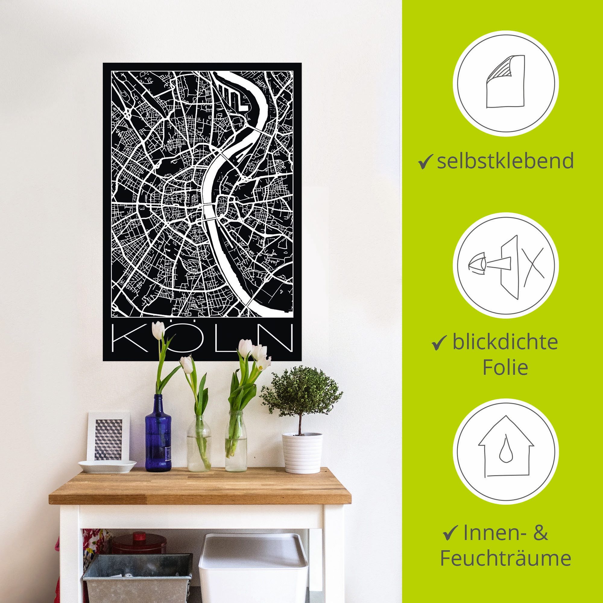 Artland Artprint Retro kaart Keulen Duitsland zwart als poster, muursticker in verschillende maten