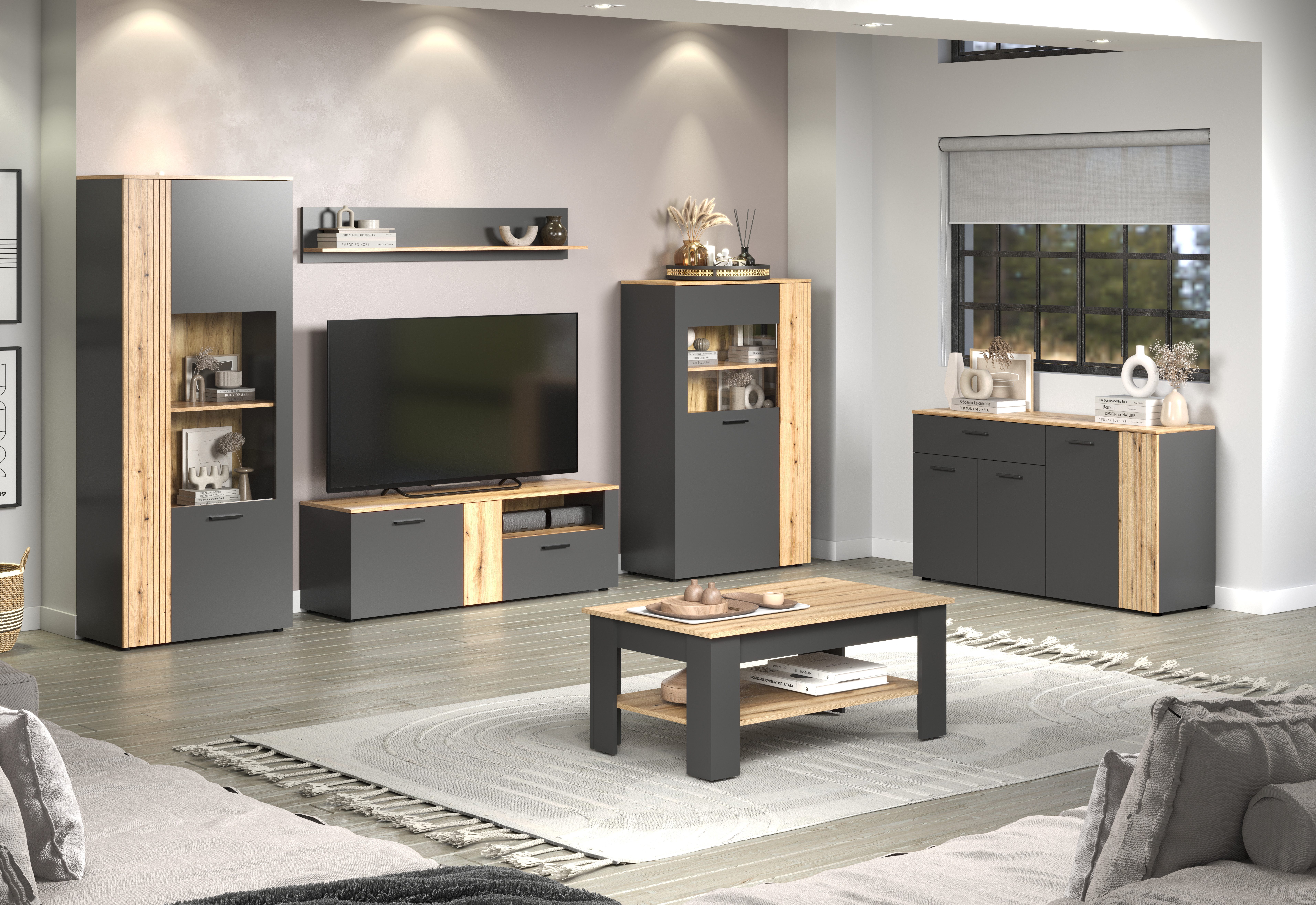 INOSIGN Wandmeubel Estepona Woonkamermeubilair met groevenlook - (B/D/H): 340/42/195 cm (complete set, 4-delig)