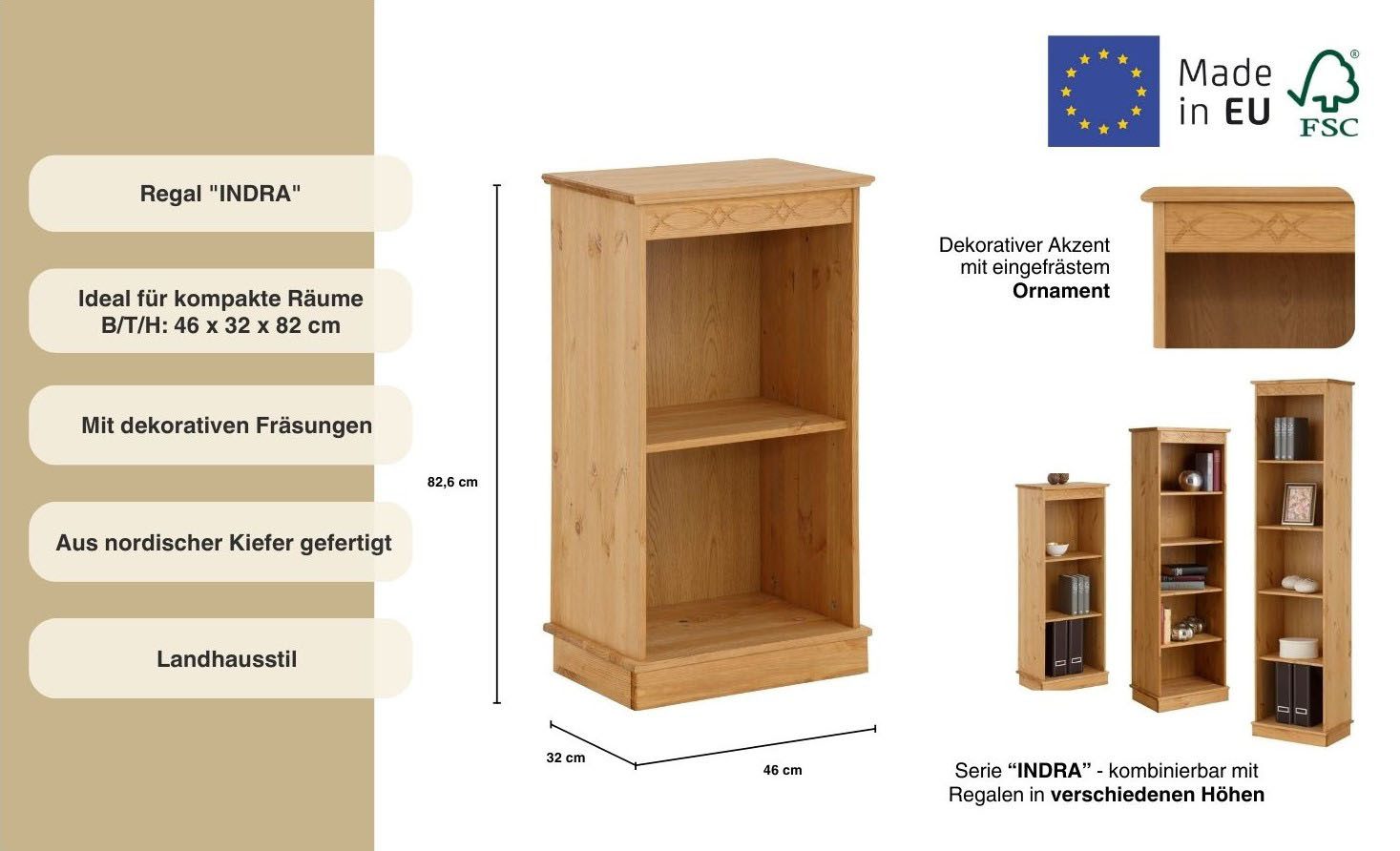 Home affaire Boekenkast Indra van massief dennenhout, in verschillende hoogtes, met fsc®