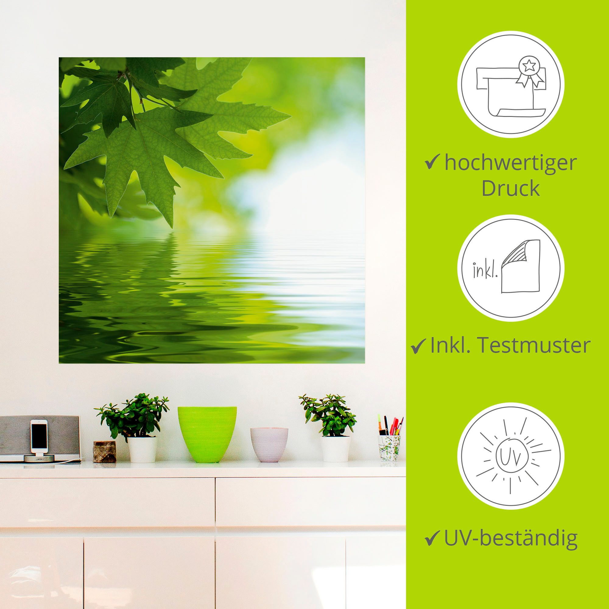 Artland Artprint Groene blaadjes reflecteren in het water als artprint op linnen, poster, muursticker in verschillende maten