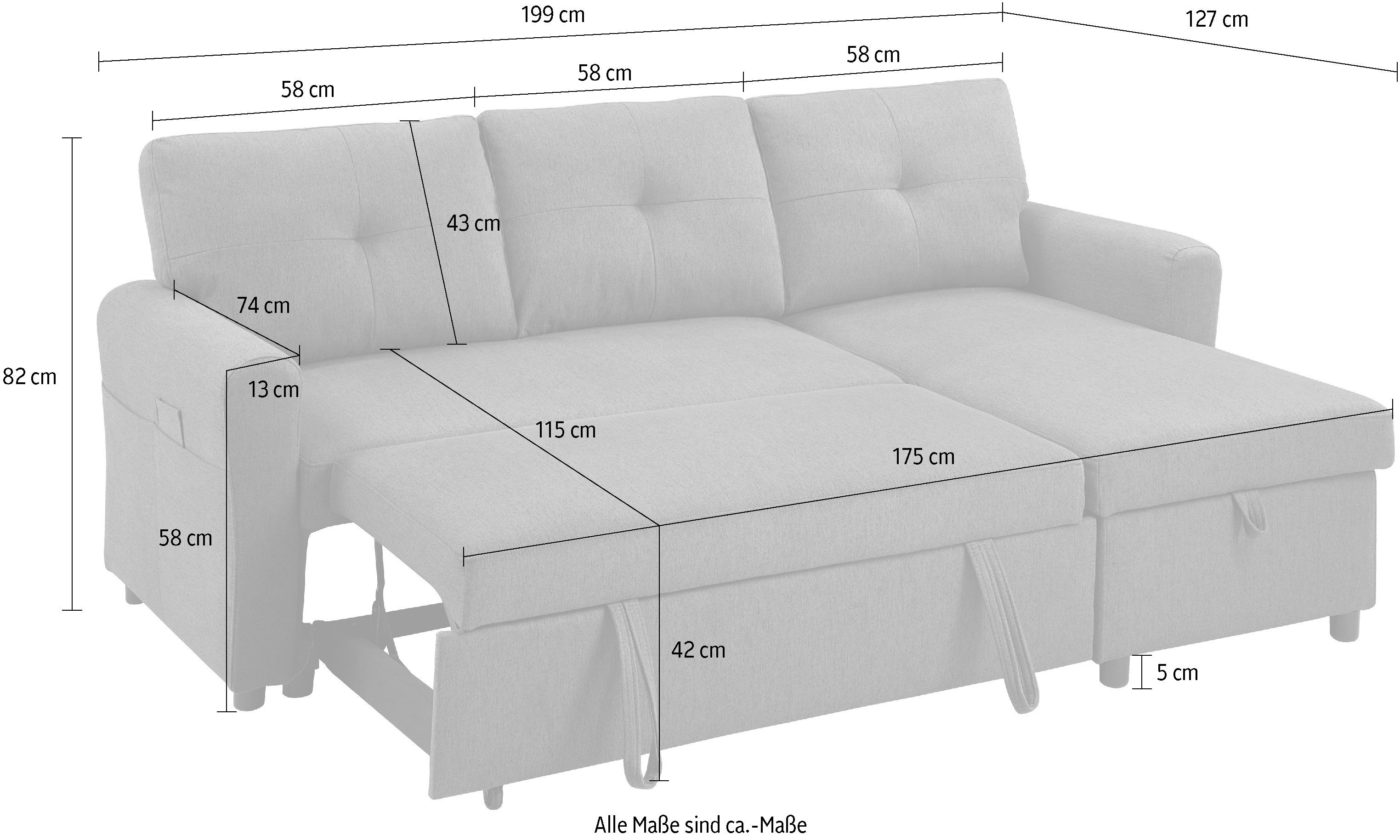 ATLANTIC home collection Hoekbank Gustavo L-vorm met slaapfunctie, opbergruimte & zijzakken