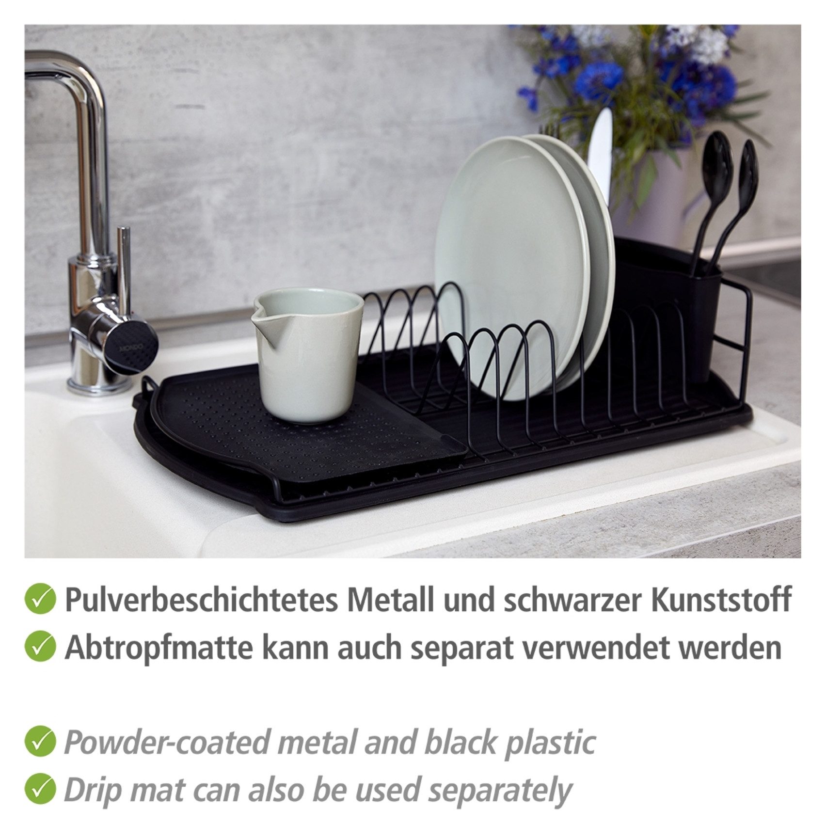 WENKO Droogrek Model Basic Afwasrek voor servies met bestekmand, metaal/kunststof (1-delig)